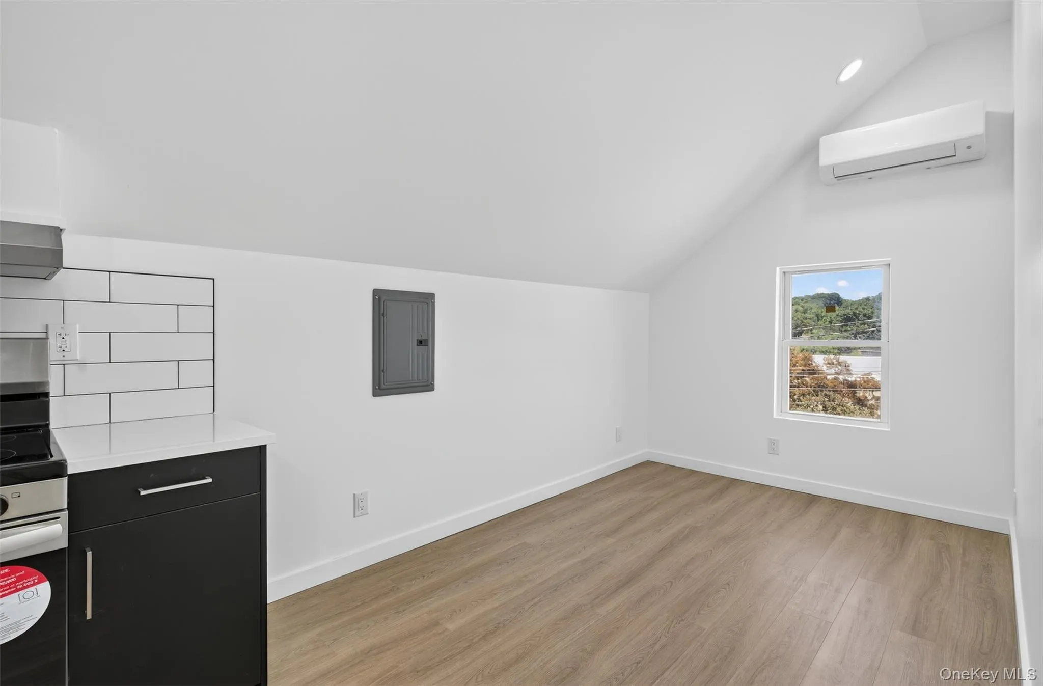 Additional living space featuring light wood-type flooring, vaulted ceiling, electric panel, a wall unit AC, and recessed lighting Additional living space featuring light wood-type flooring, vaulted ceiling, electric panel, a wall unit AC, and recessed lighting