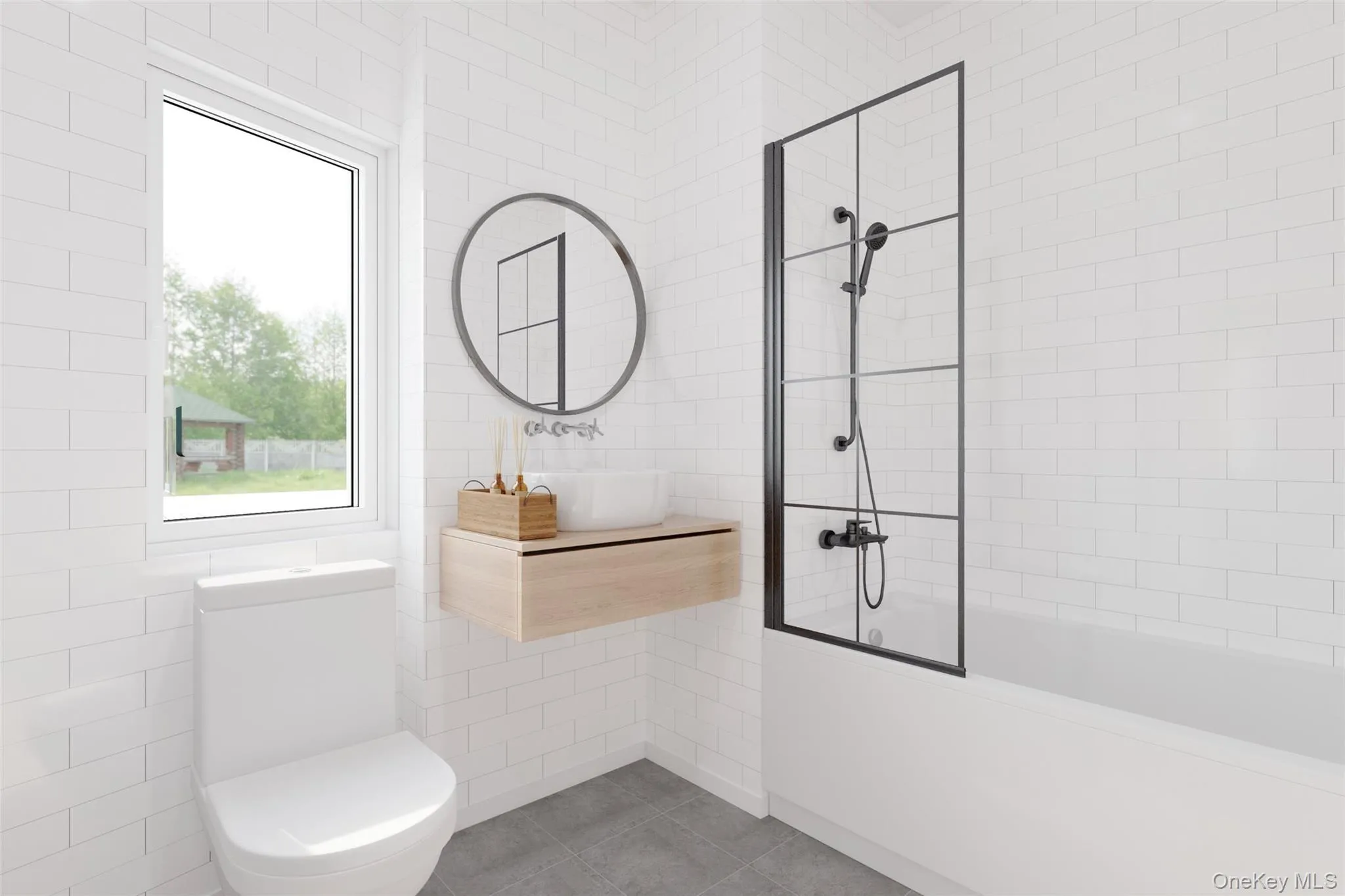 Bathroom featuring tub / shower combination, tile walls, vanity, and tile patterned floors Bathroom featuring tub / shower combination, tile walls, vanity, and tile patterned floors