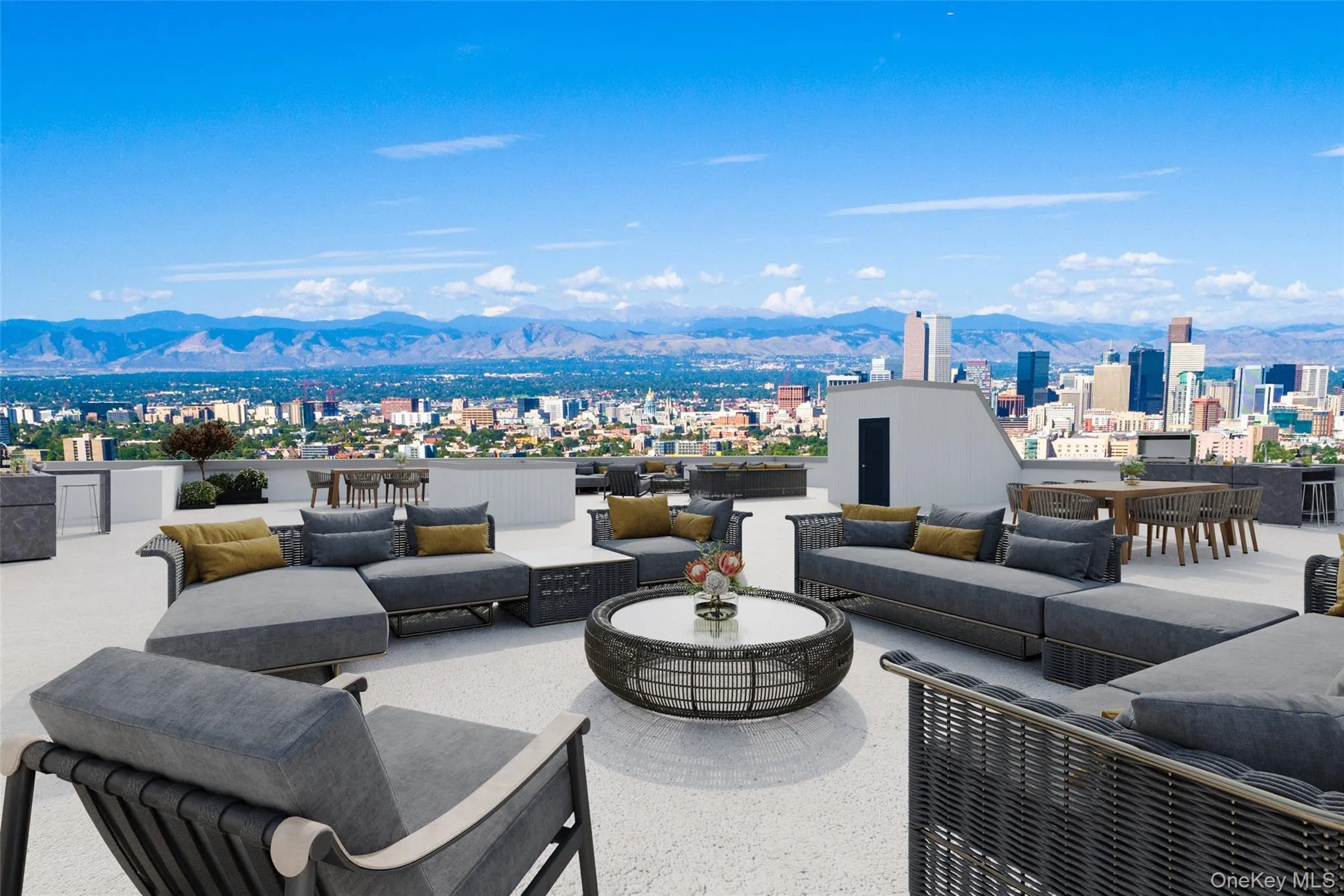 View of patio with an outdoor hangout area, a view of city, and a mountain view View of patio with an outdoor hangout area, a view of city, and a mountain view