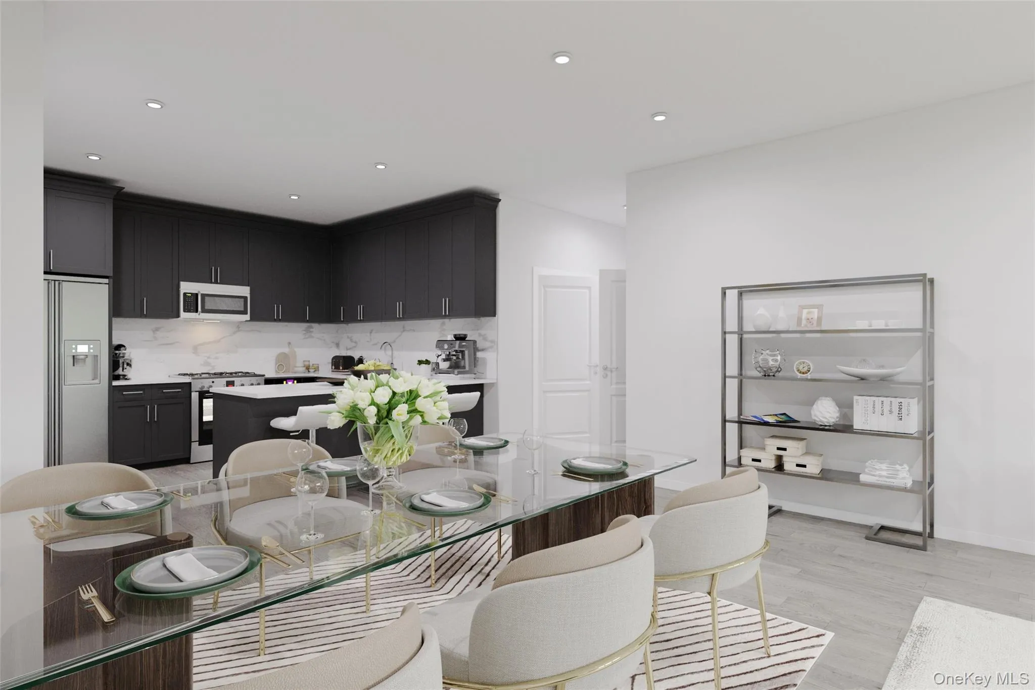 Kitchen with a kitchen island, tasteful backsplash, light wood-style flooring, stainless steel gas range oven, and dark cabinets Kitchen with a kitchen island, tasteful backsplash, light wood-style flooring, stainless steel gas range oven, and dark cabinets