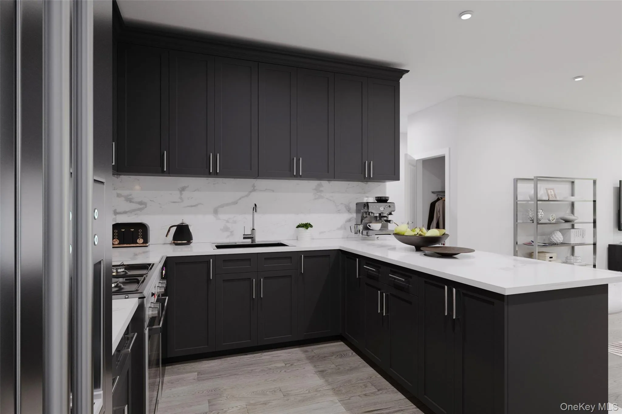 Kitchen featuring dark cabinets, gas stove, tasteful backsplash, and recessed lighting Kitchen featuring dark cabinets, gas stove, tasteful backsplash, and recessed lighting