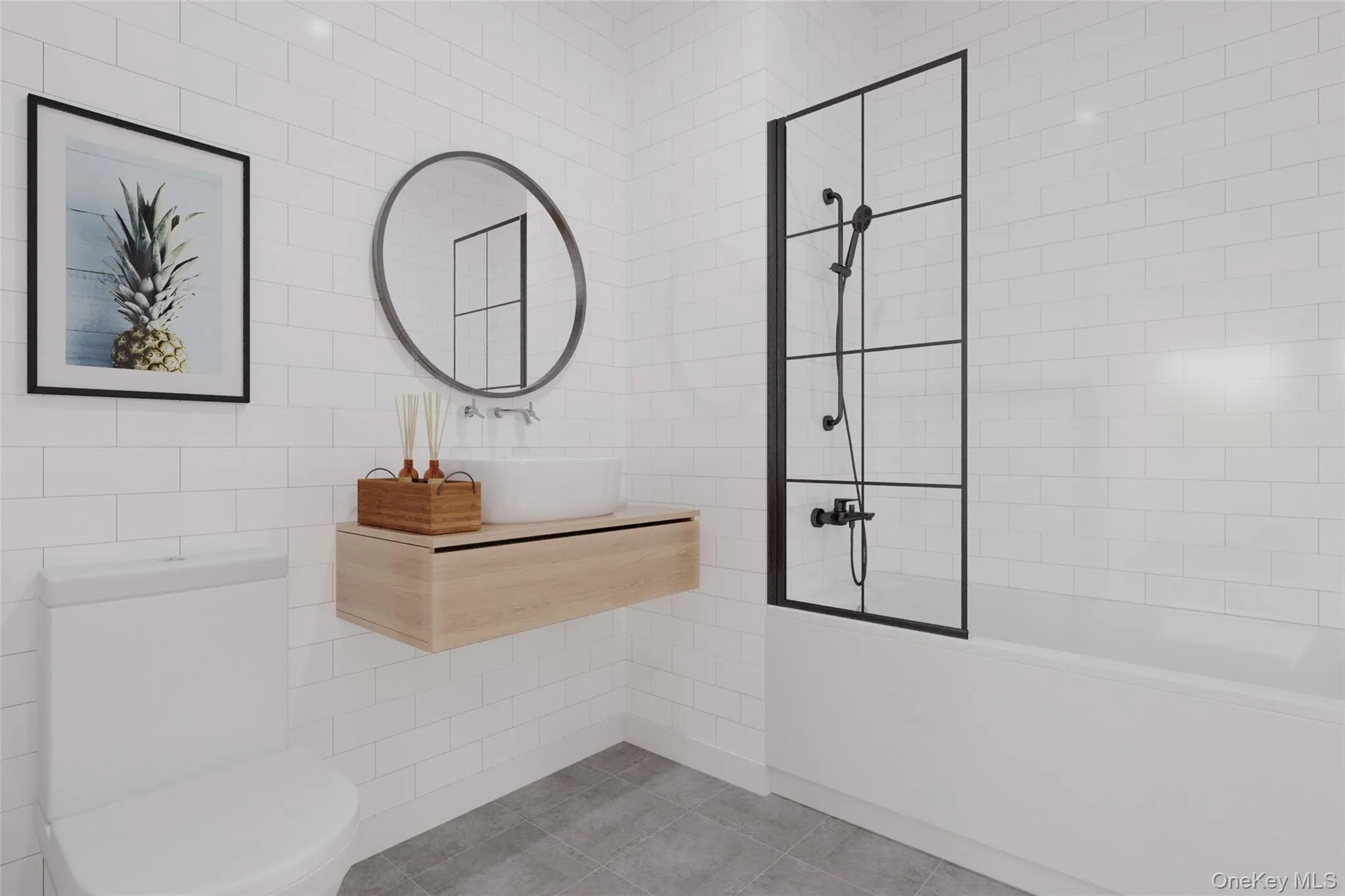 Bathroom with tile walls, vanity, light tile patterned flooring, and bathing tub / shower combination Bathroom with tile walls, vanity, light tile patterned flooring, and bathing tub / shower combination