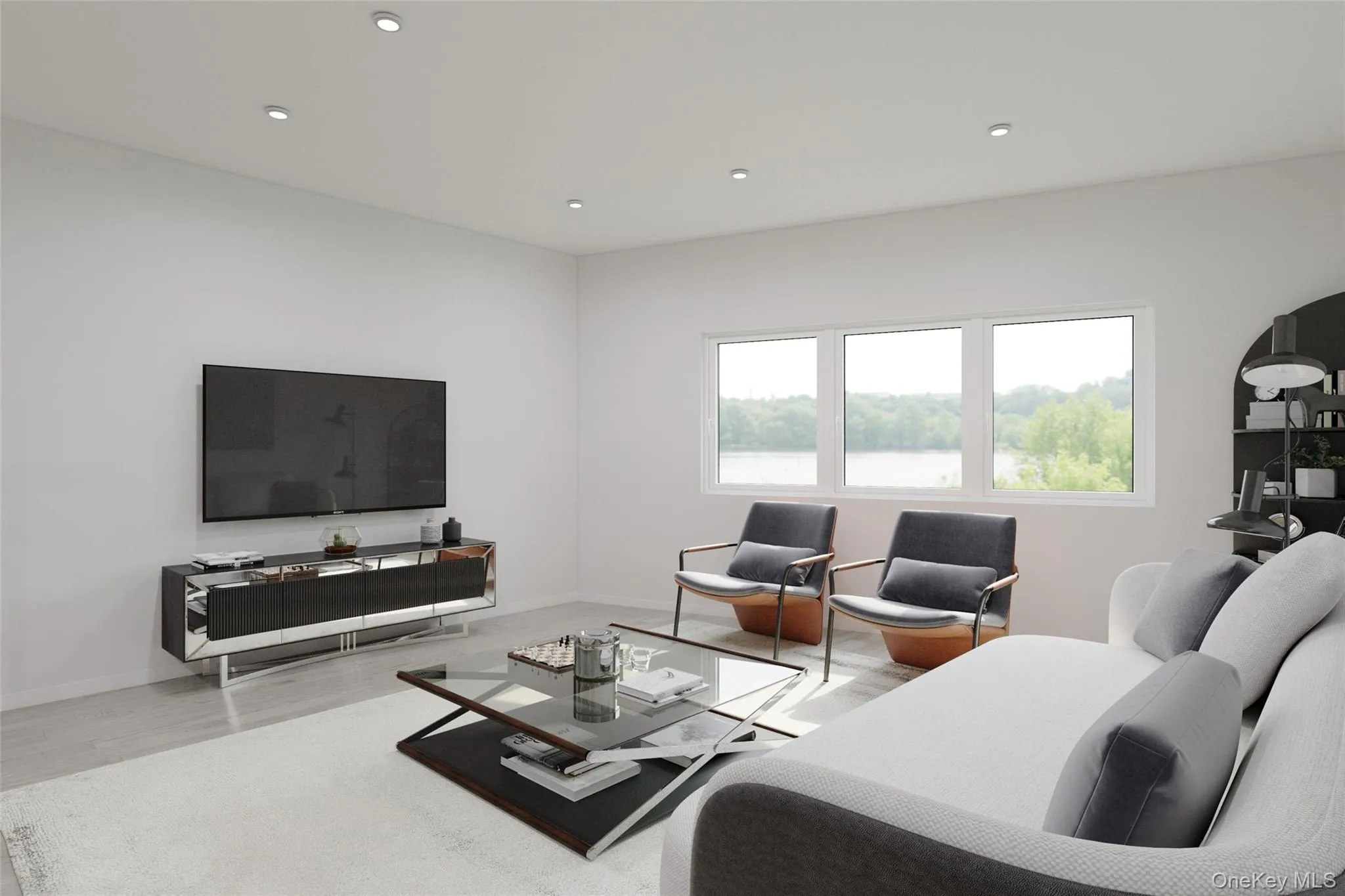 VIRTUALLY RENDEREDLiving room with wood finished floors and recessed lighting VIRTUALLY RENDEREDLiving room with wood finished floors and recessed lighting