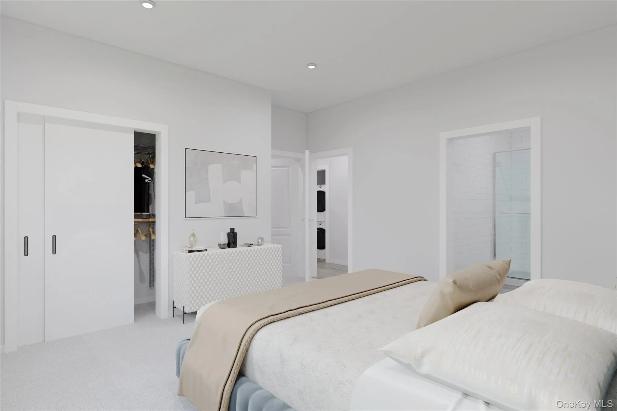VIRTUALLY RENDEREDBedroom featuring ensuite bath, carpet floors, a walk in closet, and recessed lighting VIRTUALLY RENDEREDBedroom featuring ensuite bath, carpet floors, a walk in closet, and recessed lighting