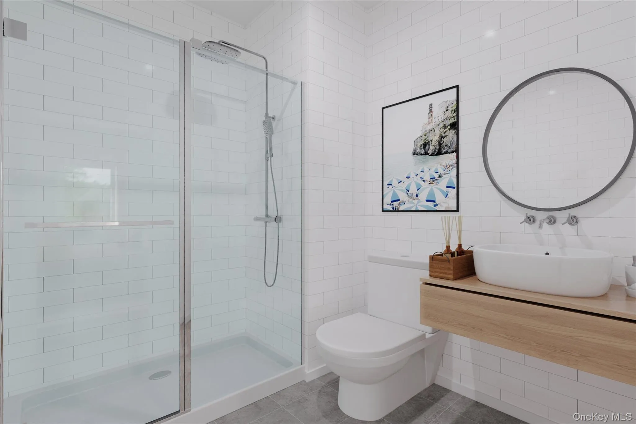 VIRTUALLY RENDEREDBathroom with tile walls, a shower stall, vanity, and light tile patterned floors VIRTUALLY RENDEREDBathroom with tile walls, a shower stall, vanity, and light tile patterned floors