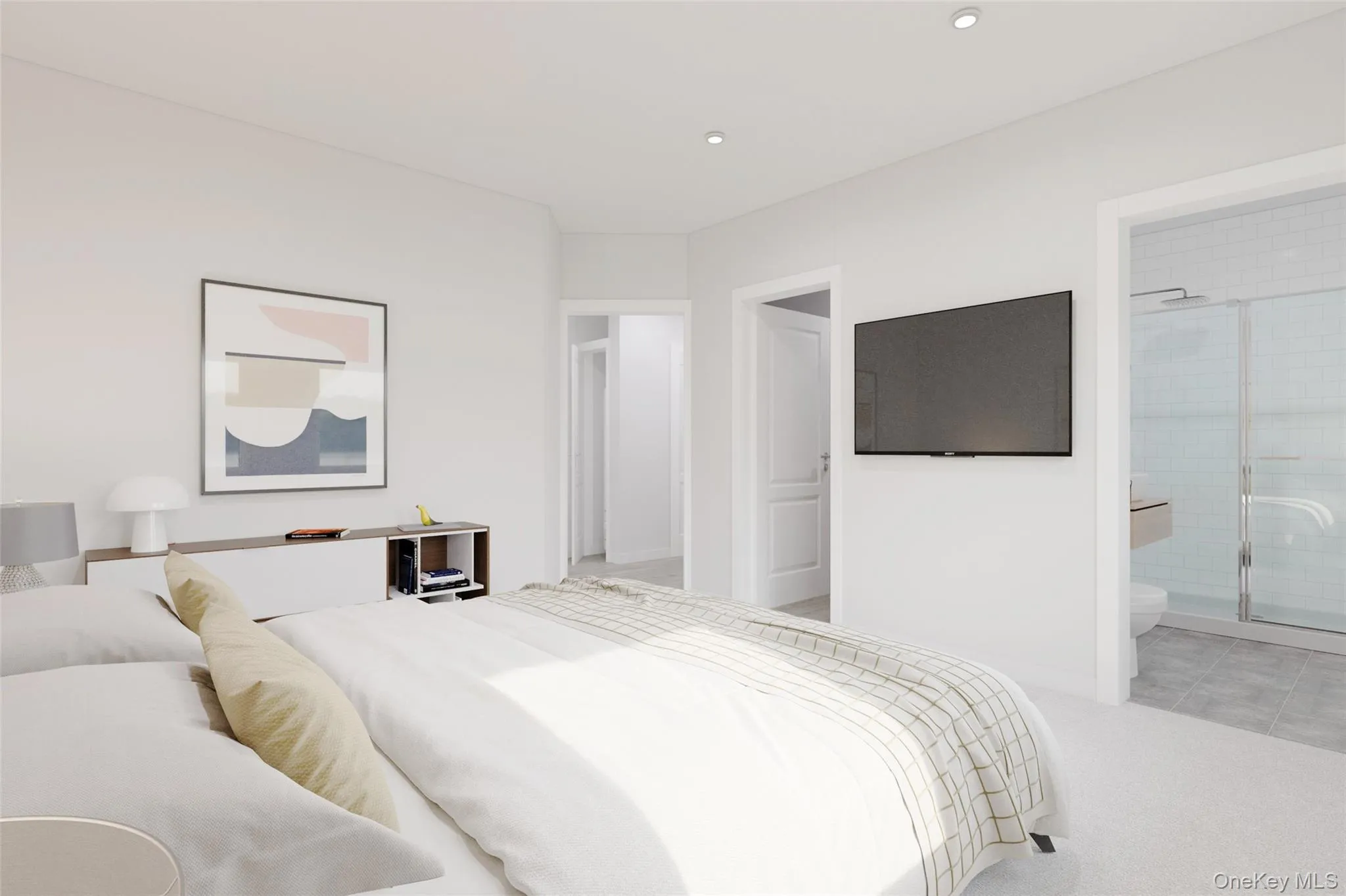 Tiled bedroom with carpet flooring, recessed lighting, and connected bathroom Tiled bedroom with carpet flooring, recessed lighting, and connected bathroom