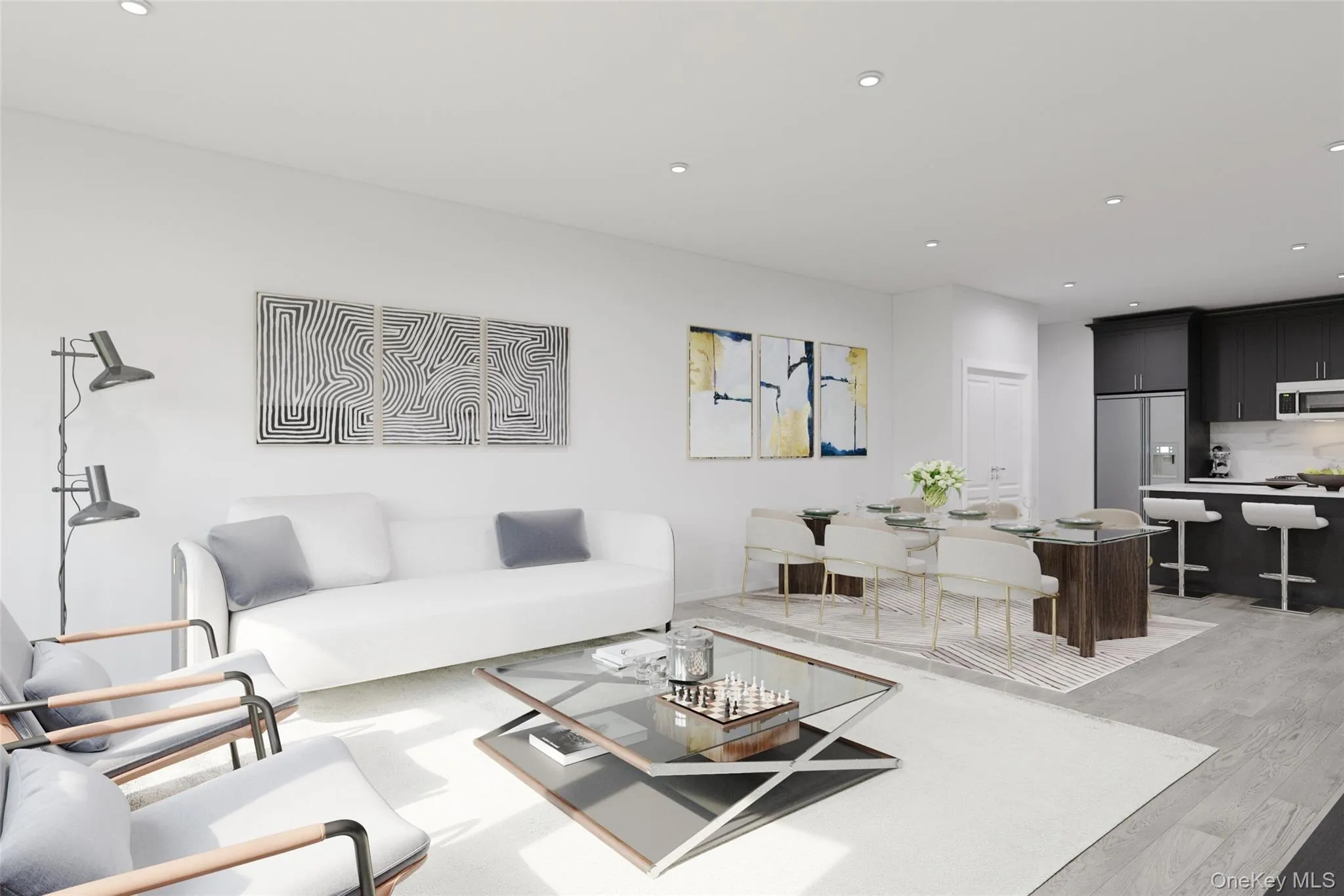 VIRTUALLY RENDEREDLiving room featuring recessed lighting and light wood-style flooring VIRTUALLY RENDEREDLiving room featuring recessed lighting and light wood-style flooring