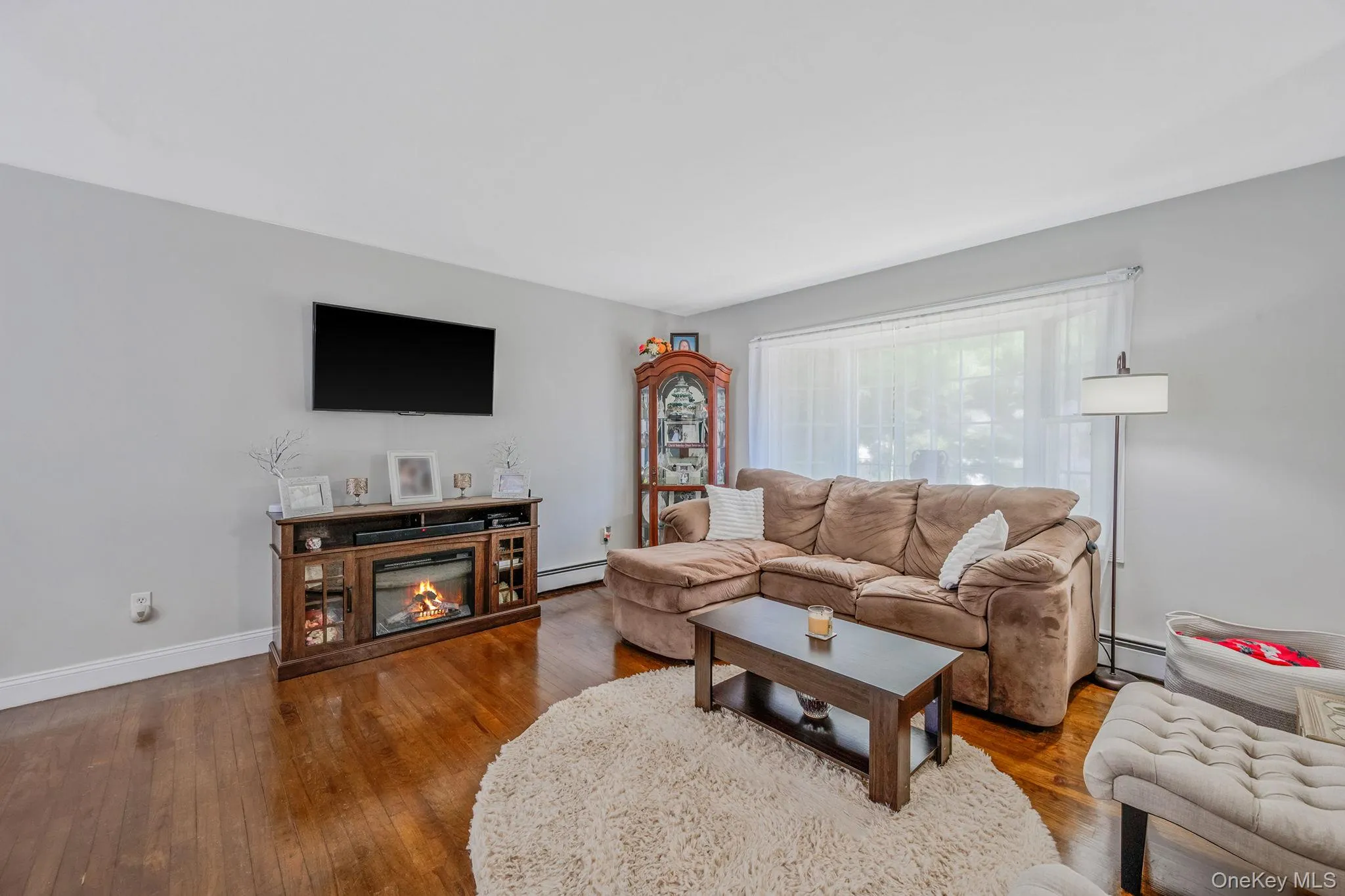 Living room with hardwood / wood-style floors, a glass covered fireplace, and baseboard heating Living room with hardwood / wood-style floors, a glass covered fireplace, and baseboard heating