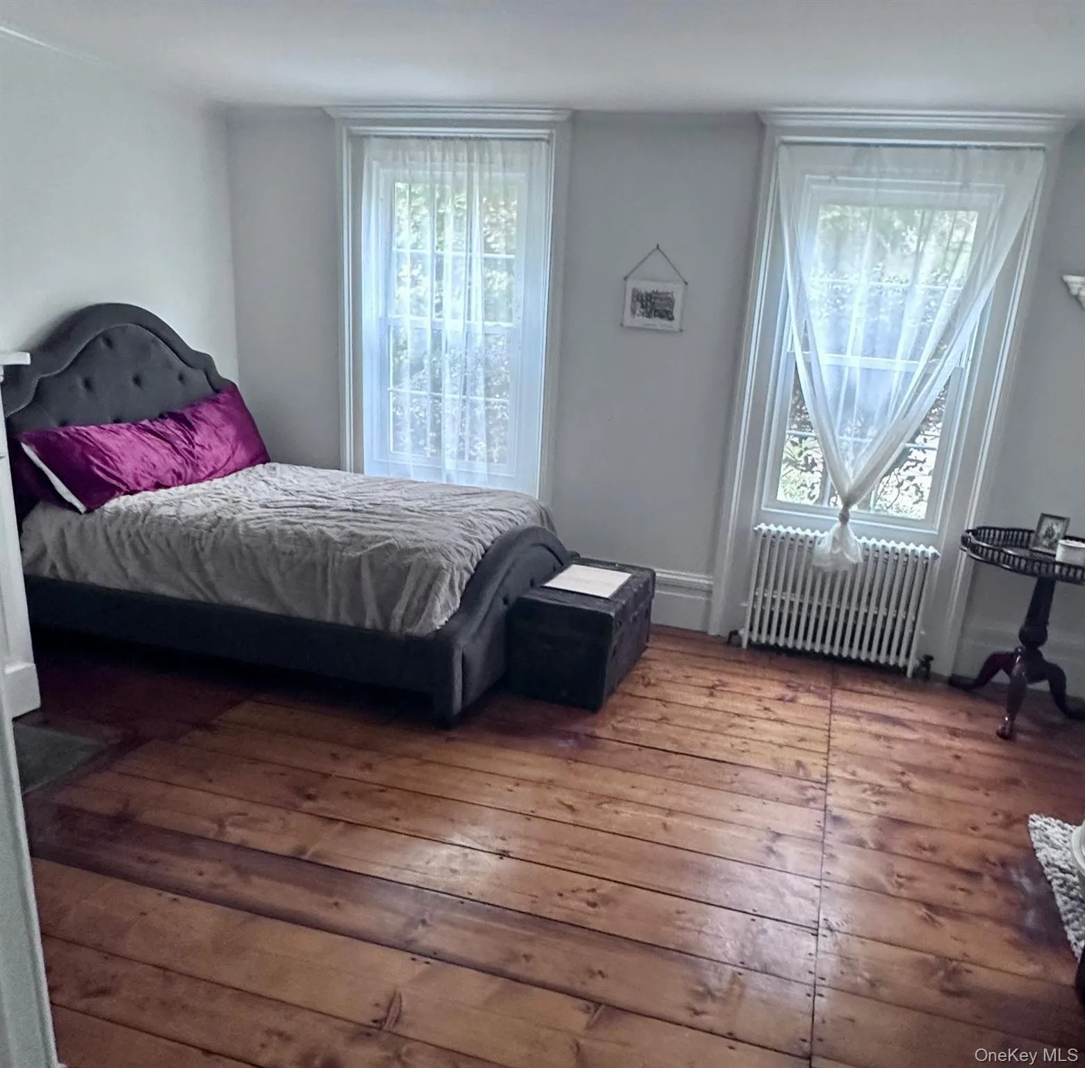 Bedroom with radiator heating unit and dark wood-style floors Bedroom with radiator heating unit and dark wood-style floors