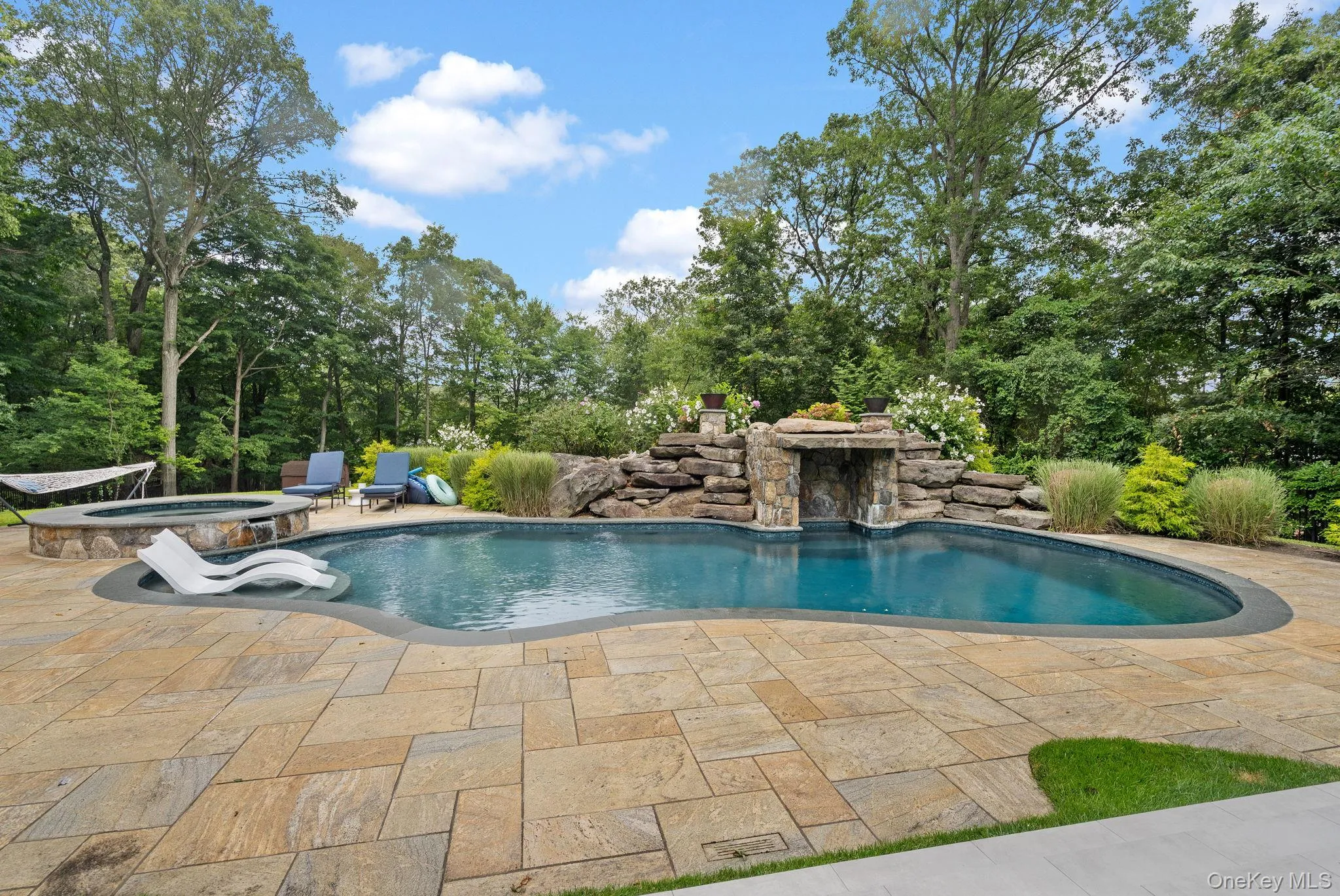 View of pool with a patio, a pool with connected hot tub, and view of wooded area View of pool with a patio, a pool with connected hot tub, and view of wooded area