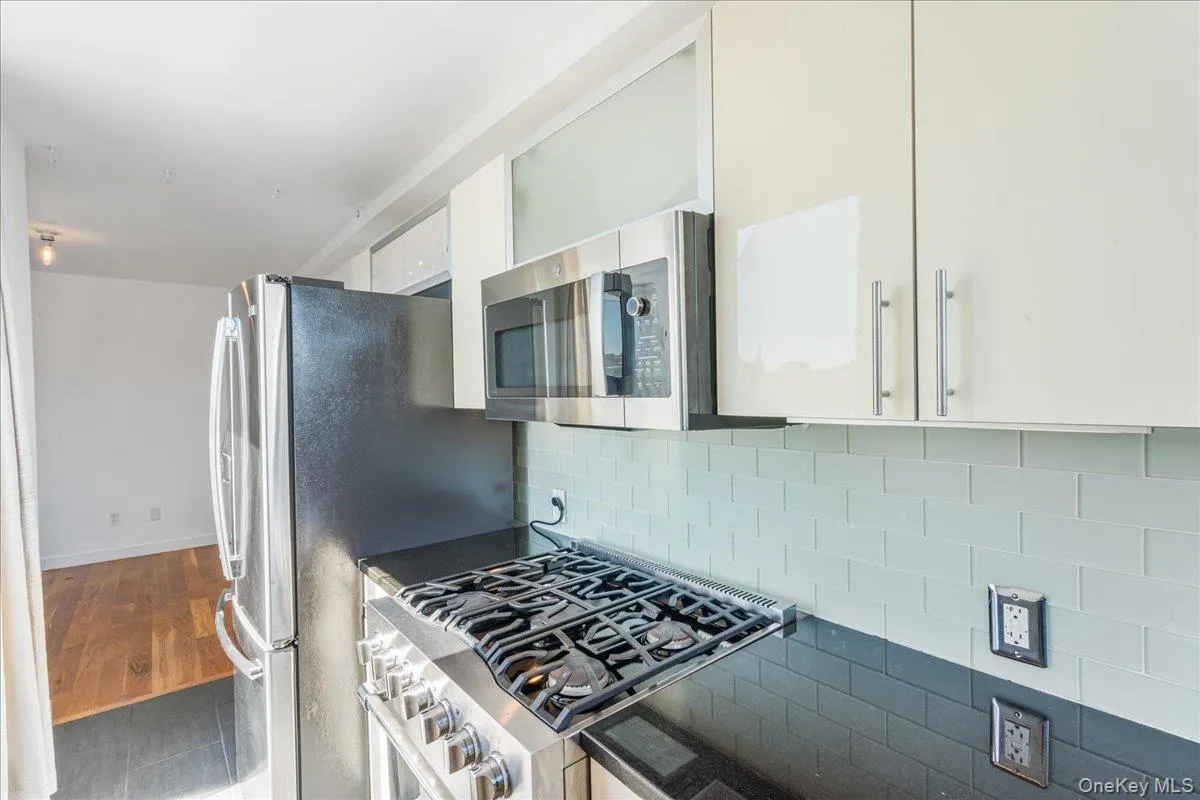 Kitchen with white cabinetry, stainless steel appliances, decorative backsplash, dark stone counters, and wood finished floors Kitchen with white cabinetry, stainless steel appliances, decorative backsplash, dark stone counters, and wood finished floors