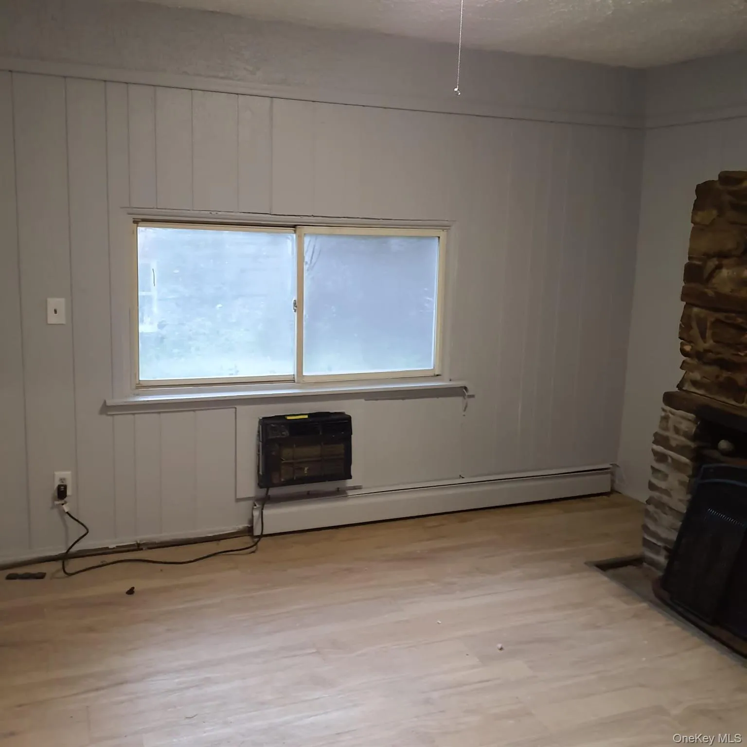 Unfurnished living room featuring light wood-style floors, plenty of natural light, a baseboard radiator, a wall unit AC, and wood walls Unfurnished living room featuring light wood-style floors, plenty of natural light, a baseboard radiator, a wall unit AC, and wood walls