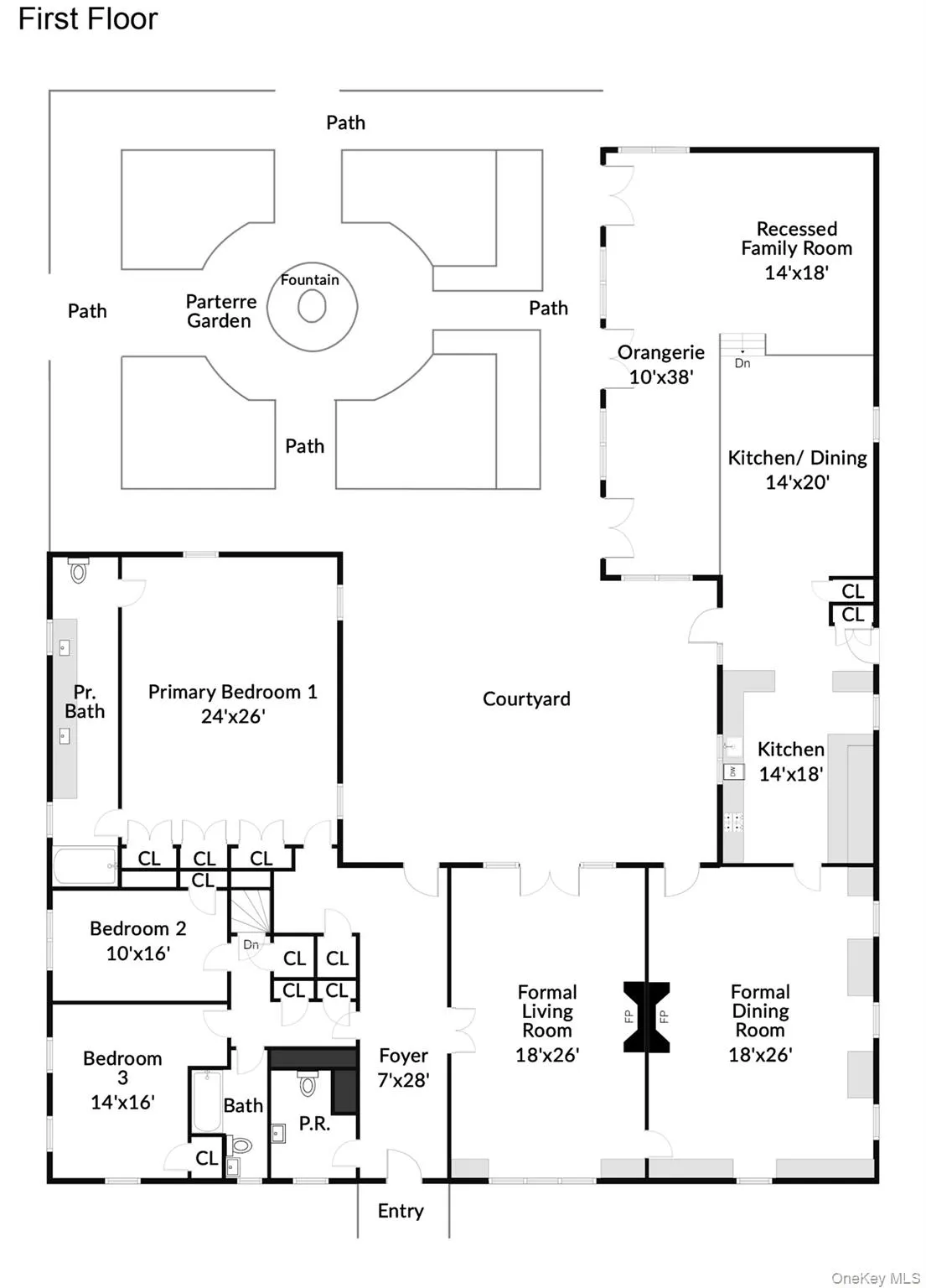 Single level home floorplan with parterre garden and courtyard Single level home floorplan with parterre garden and courtyard