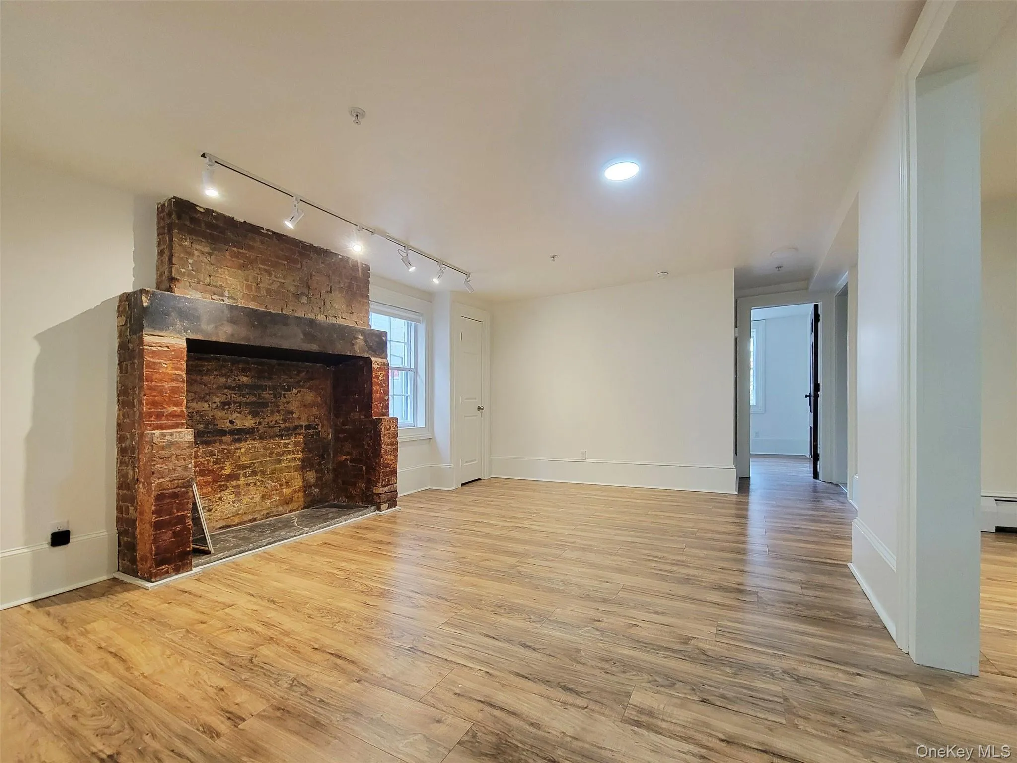 Unfurnished living room featuring light wood-type flooring and rail lighting Unfurnished living room featuring light wood-type flooring and rail lighting