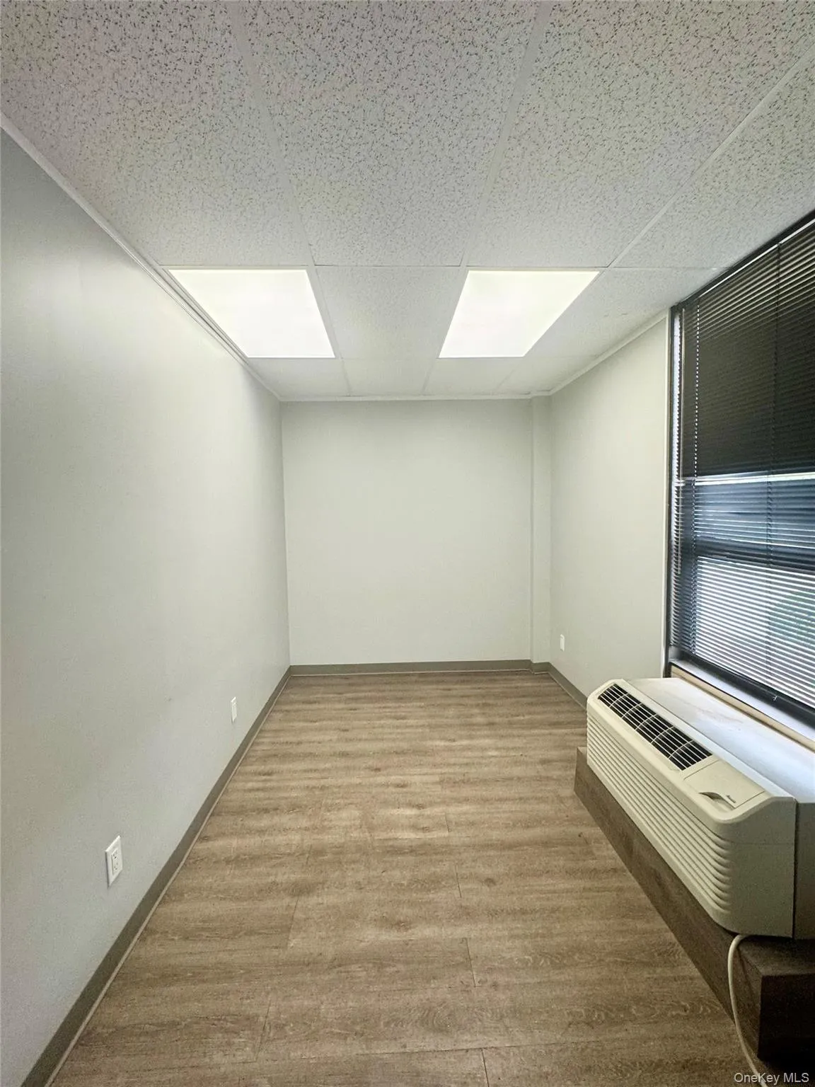 Unfurnished room featuring light wood-type flooring, a paneled ceiling, and a wall unit AC Unfurnished room featuring light wood-type flooring, a paneled ceiling, and a wall unit AC