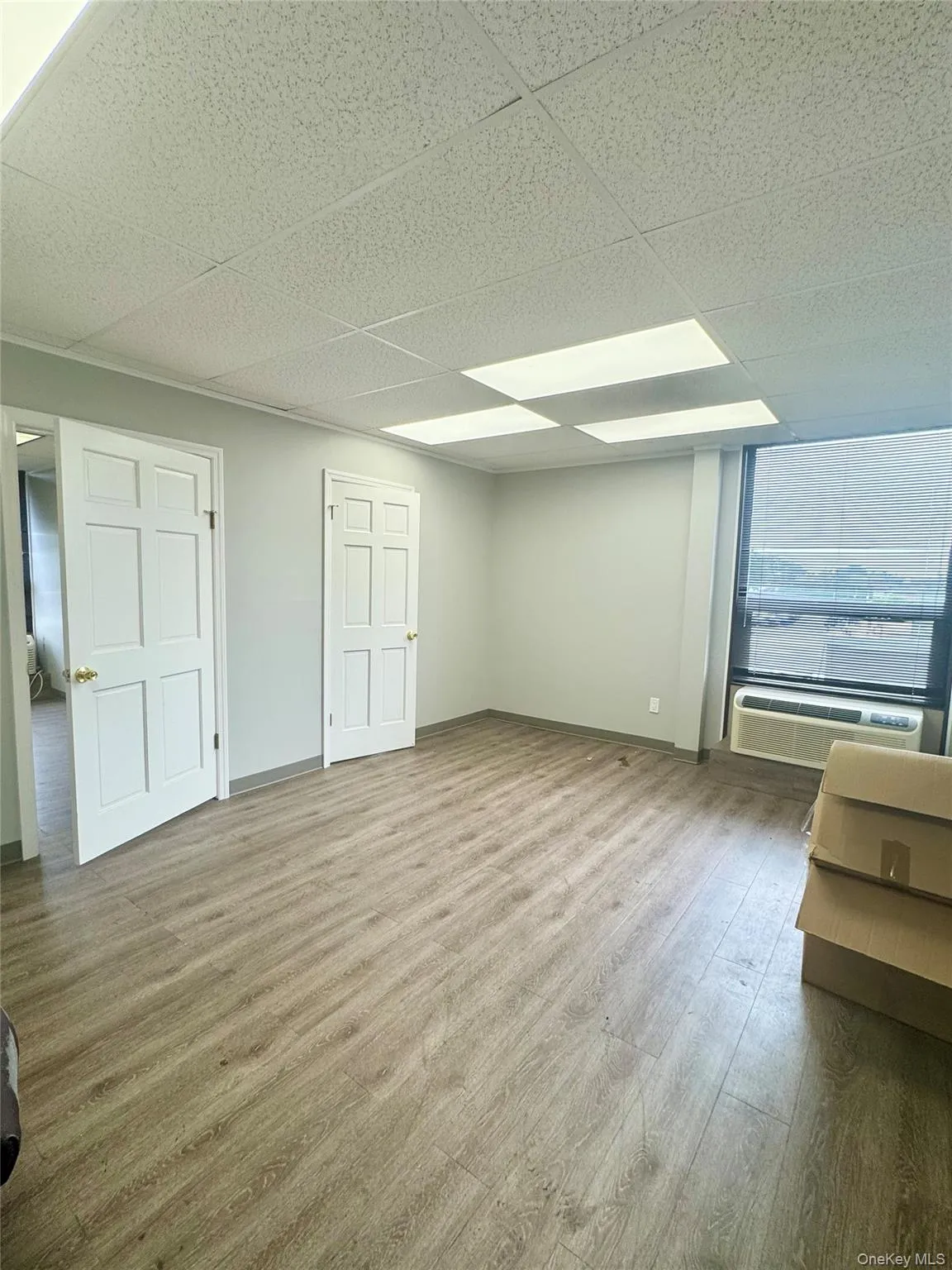 Unfurnished bedroom featuring light wood-style flooring and a paneled ceiling Unfurnished bedroom featuring light wood-style flooring and a paneled ceiling