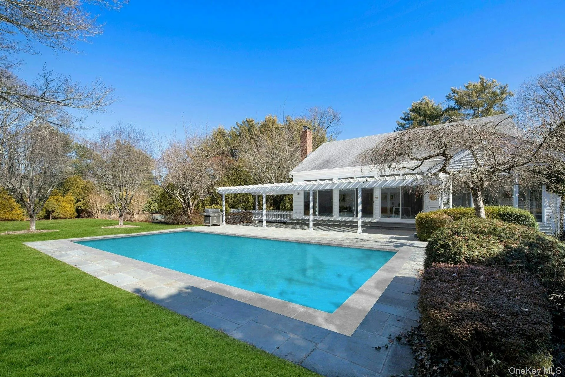 Pool featuring a lawn, grilling area, a pergola and a patio Pool featuring a lawn, grilling area, a pergola and a patio