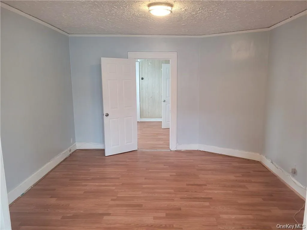 Spare room with a textured ceiling, light wood-style floors, and ornamental molding Spare room with a textured ceiling, light wood-style floors, and ornamental molding