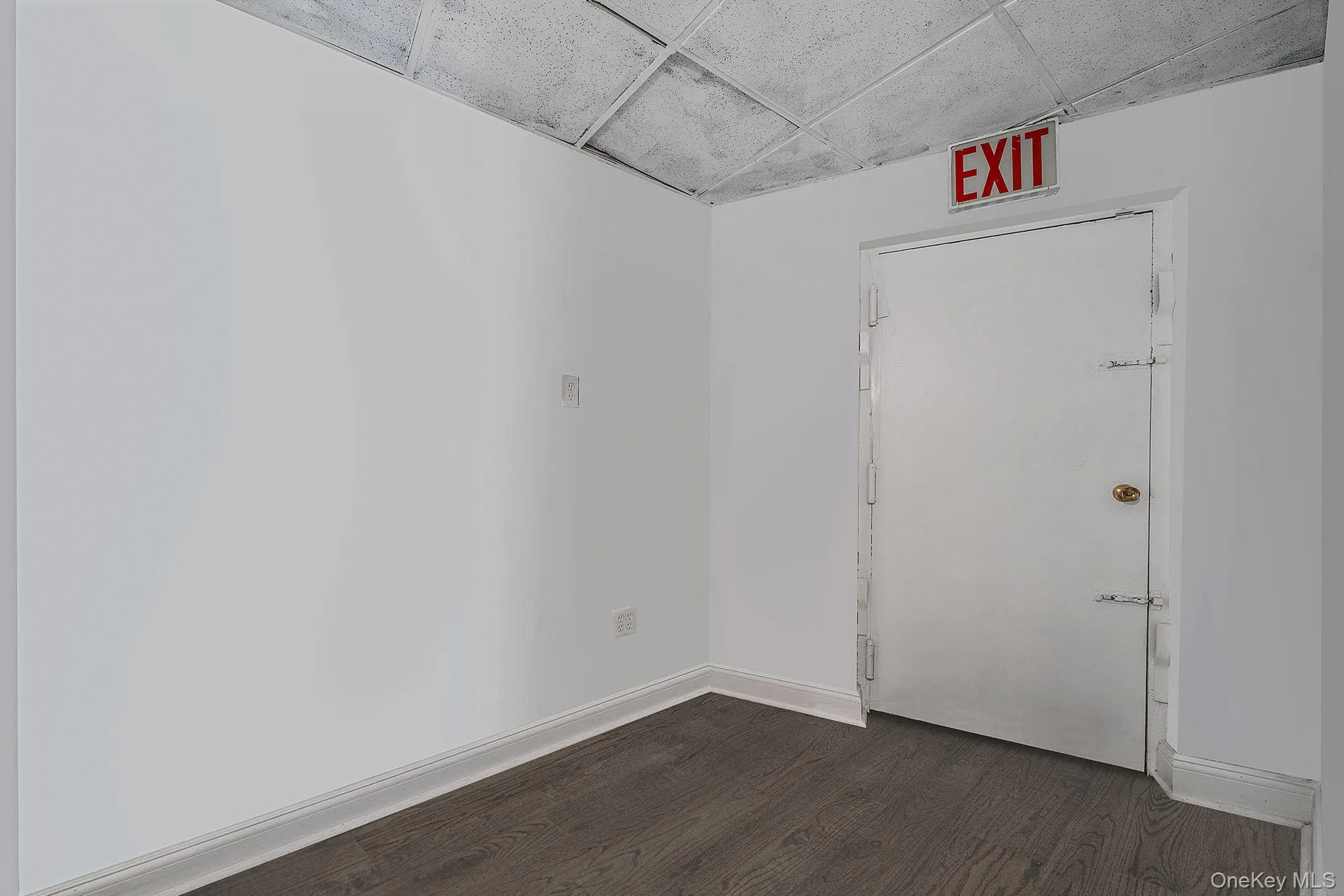 Unfurnished room featuring dark wood-type flooring and a paneled ceiling Unfurnished room featuring dark wood-type flooring and a paneled ceiling