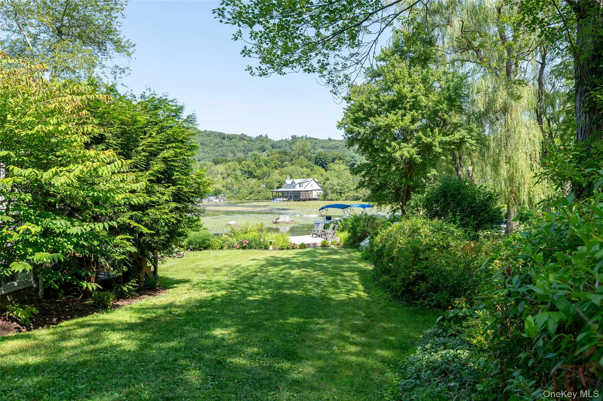 View of green lawn featuring a view of trees View of green lawn featuring a view of trees
