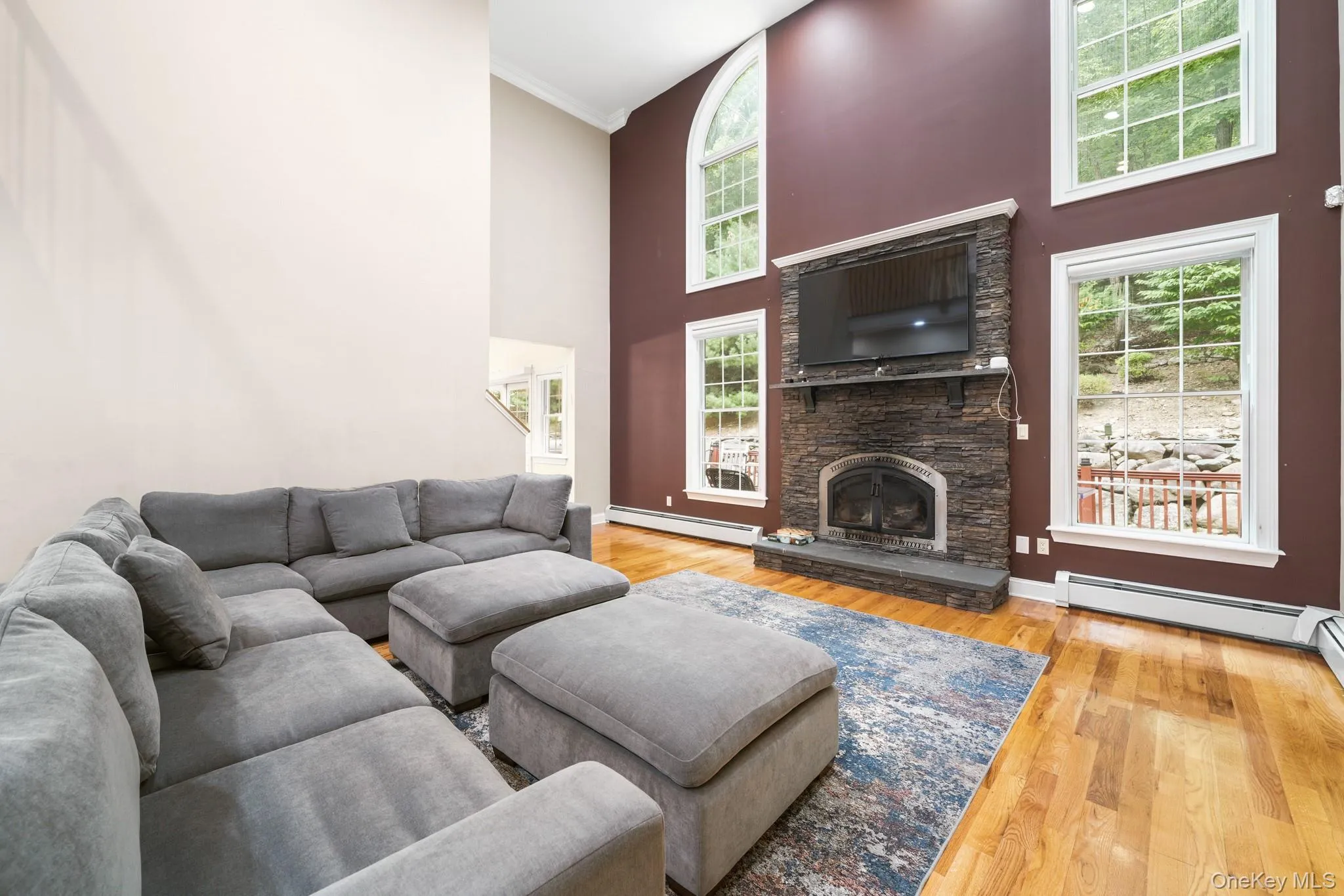 Living area with light wood finished floors, a stone fireplace, a towering ceiling, ornamental molding, and a baseboard radiator Living area with light wood finished floors, a stone fireplace, a towering ceiling, ornamental molding, and a baseboard radiator