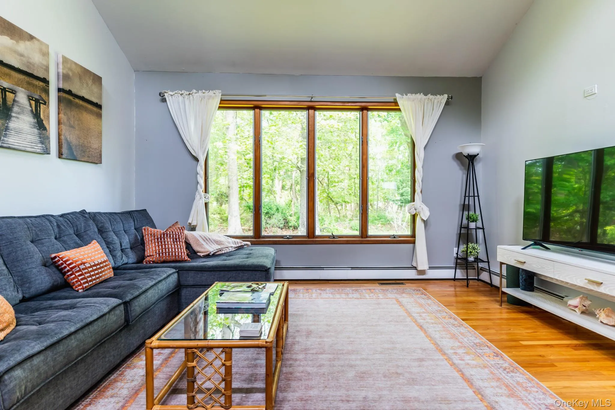 Living area with wood finished floors, a baseboard radiator, and vaulted ceiling Living area with wood finished floors, a baseboard radiator, and vaulted ceiling