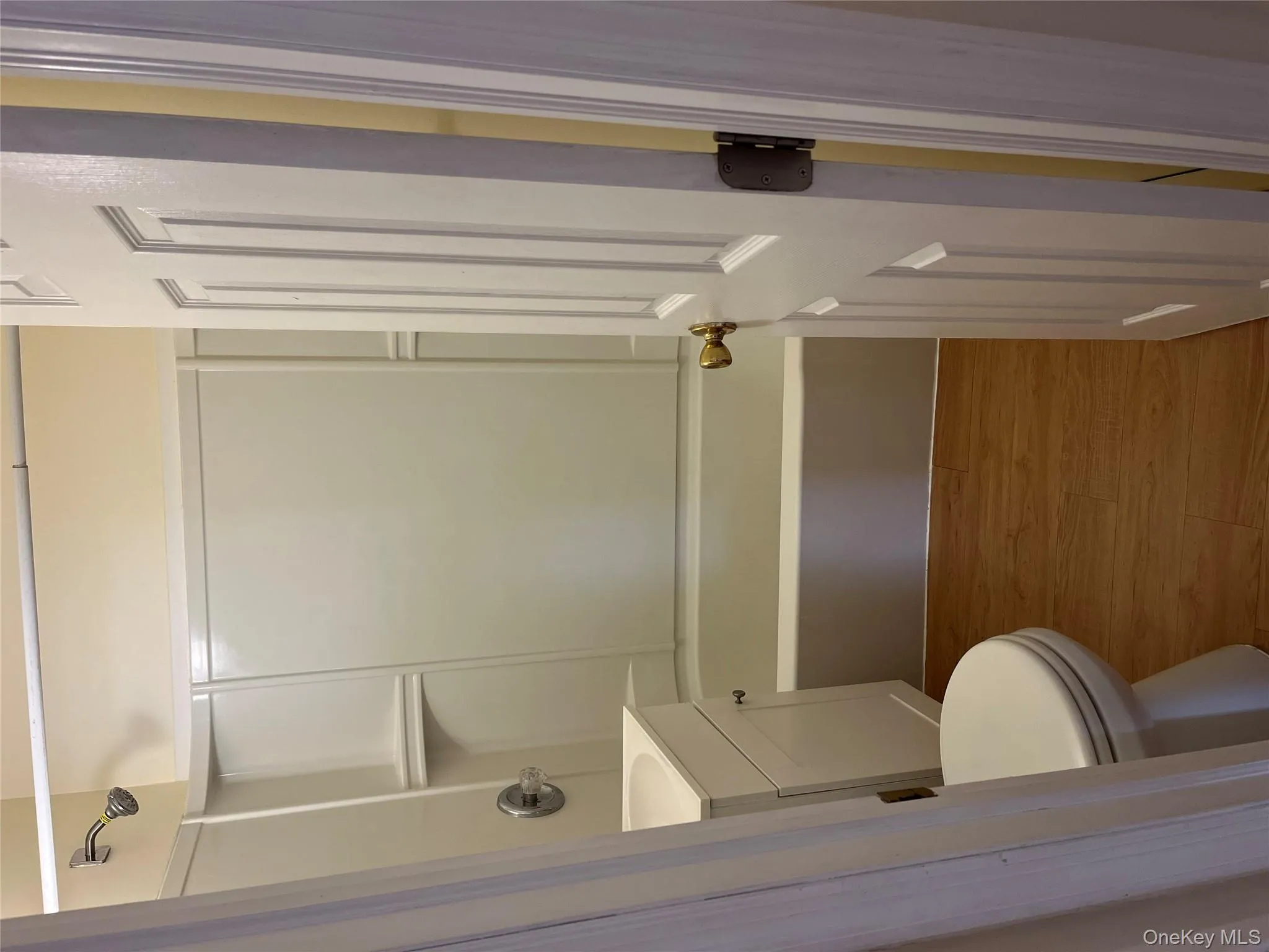 Bathroom with dark wood-style floors, vanity, and bathing tub / shower combination Bathroom with dark wood-style floors, vanity, and bathing tub / shower combination