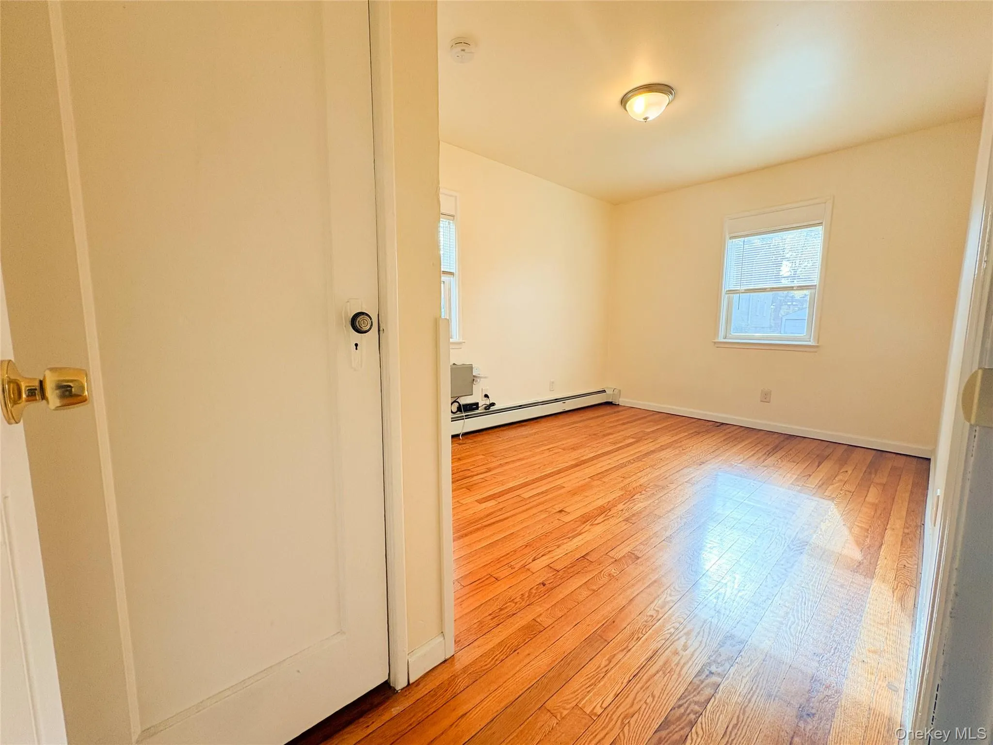 Unfurnished room featuring light wood-style flooring and a baseboard heating unit Unfurnished room featuring light wood-style flooring and a baseboard heating unit