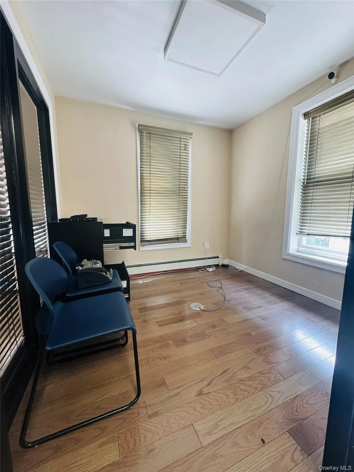 Living area with light wood-style floors and a baseboard radiator Living area with light wood-style floors and a baseboard radiator