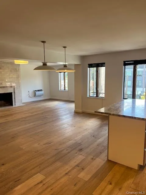 Unfurnished living room featuring light wood-style floors and a fireplace Unfurnished living room featuring light wood-style floors and a fireplace