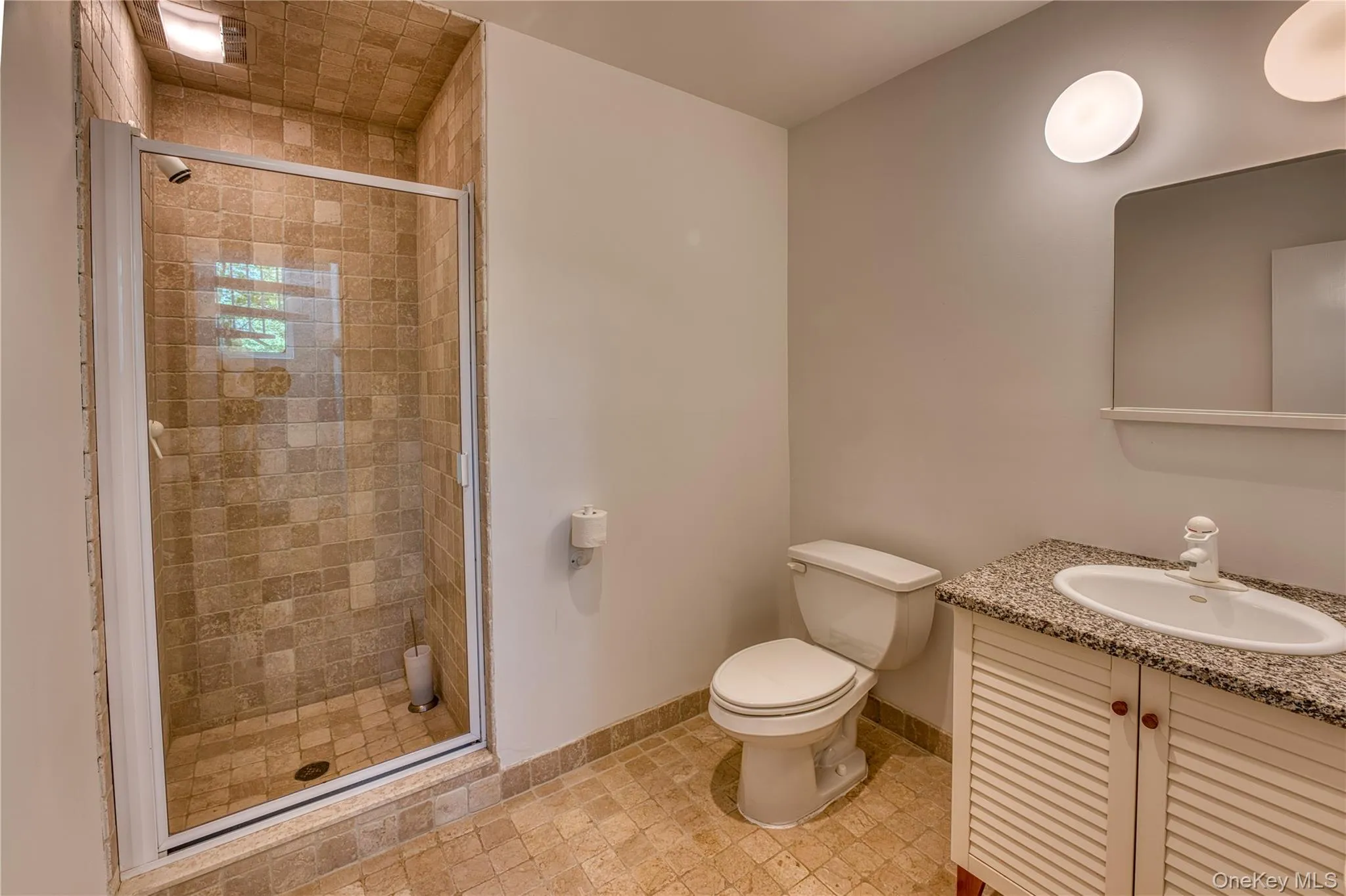2nd Bath with Tumbled Marble Shower, sink & toilet 2nd Bath with Tumbled Marble Shower, sink & toilet