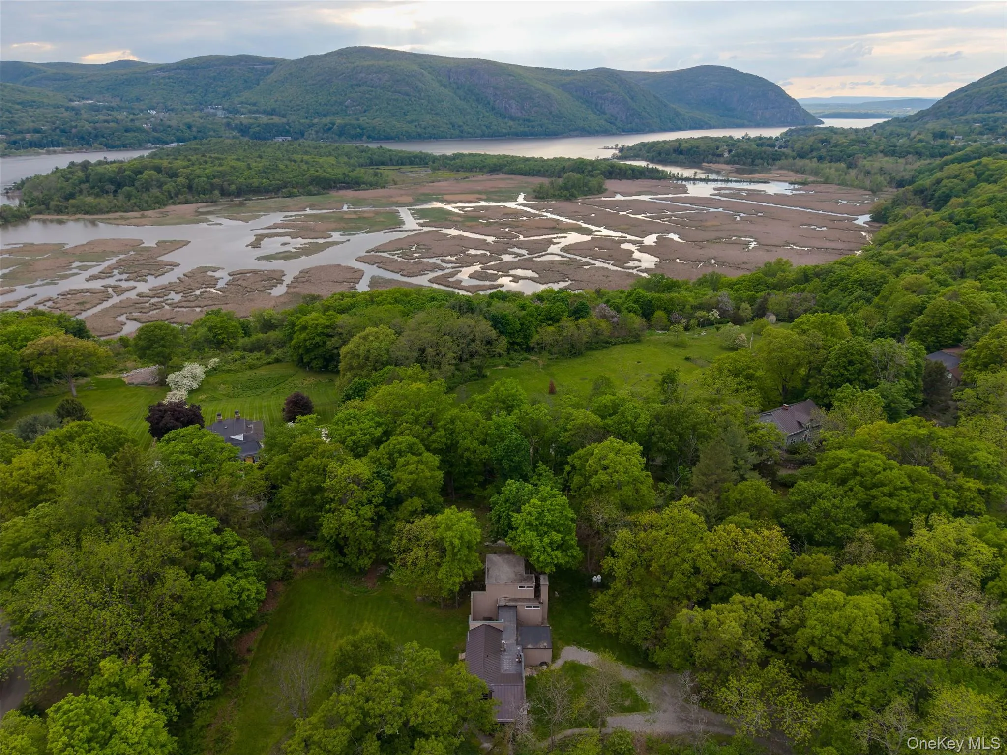 Drone view of Constitution Marsh, the Hudson River & the Mountains Drone view of Constitution Marsh, the Hudson River & the Mountains