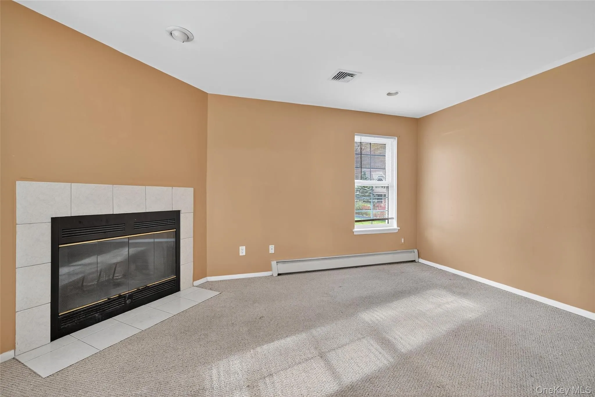 Unfurnished living room featuring a fireplace, carpet, and a baseboard heating unit Unfurnished living room featuring a fireplace, carpet, and a baseboard heating unit