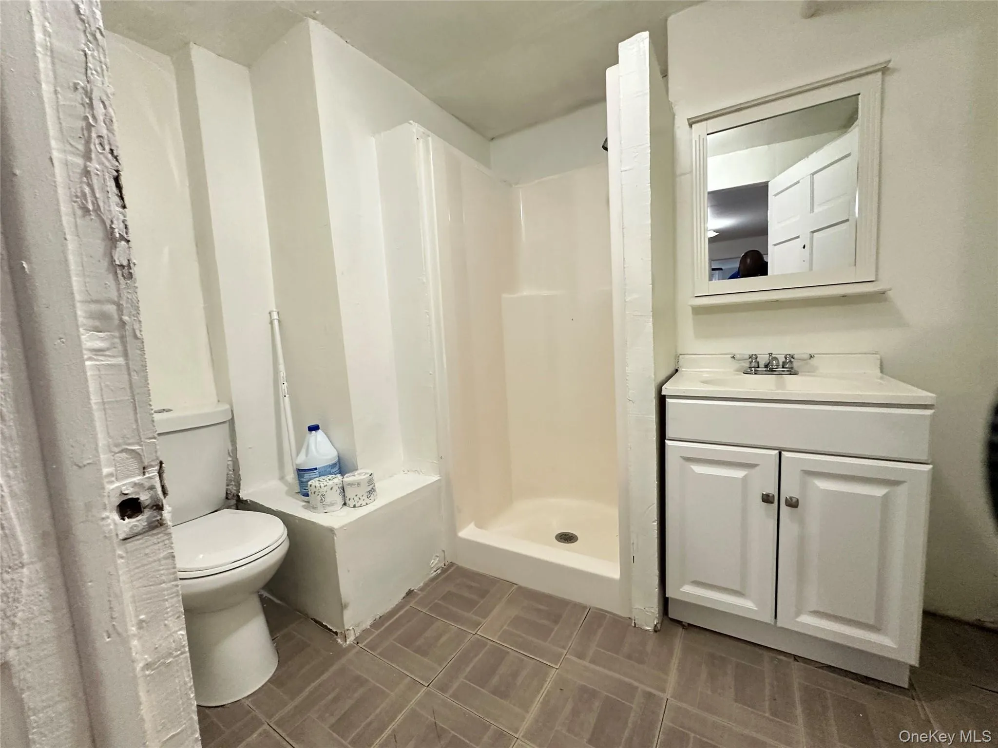 Bathroom featuring a stall shower and vanity Bathroom featuring a stall shower and vanity