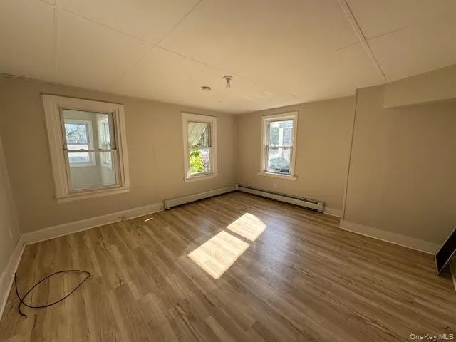 Unfurnished room with light wood-style floors, a baseboard heating unit, and a baseboard radiator Unfurnished room with light wood-style floors, a baseboard heating unit, and a baseboard radiator