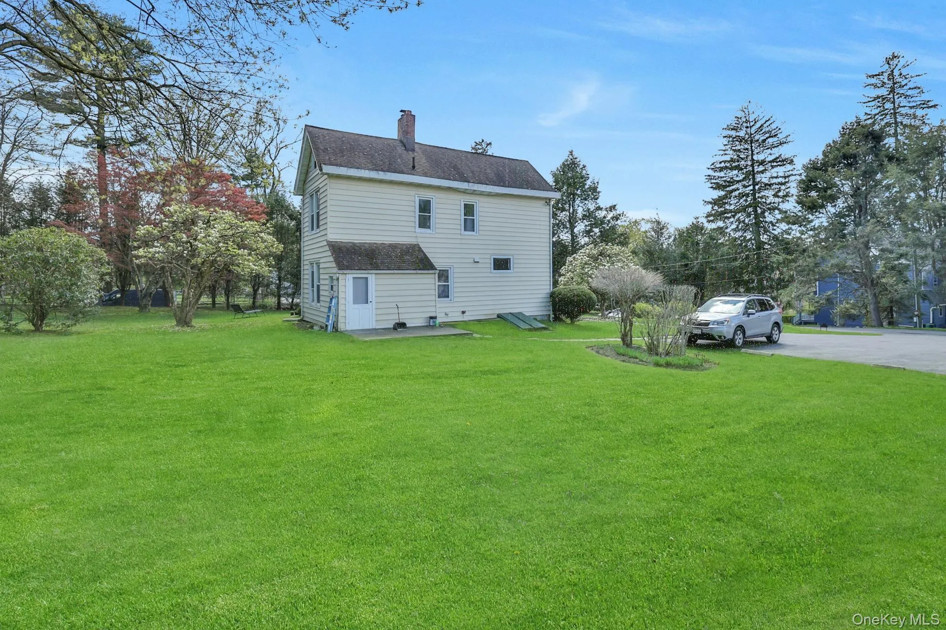 Back of house with a chimney, a yard, and a shingled roof Back of house with a chimney, a yard, and a shingled roof