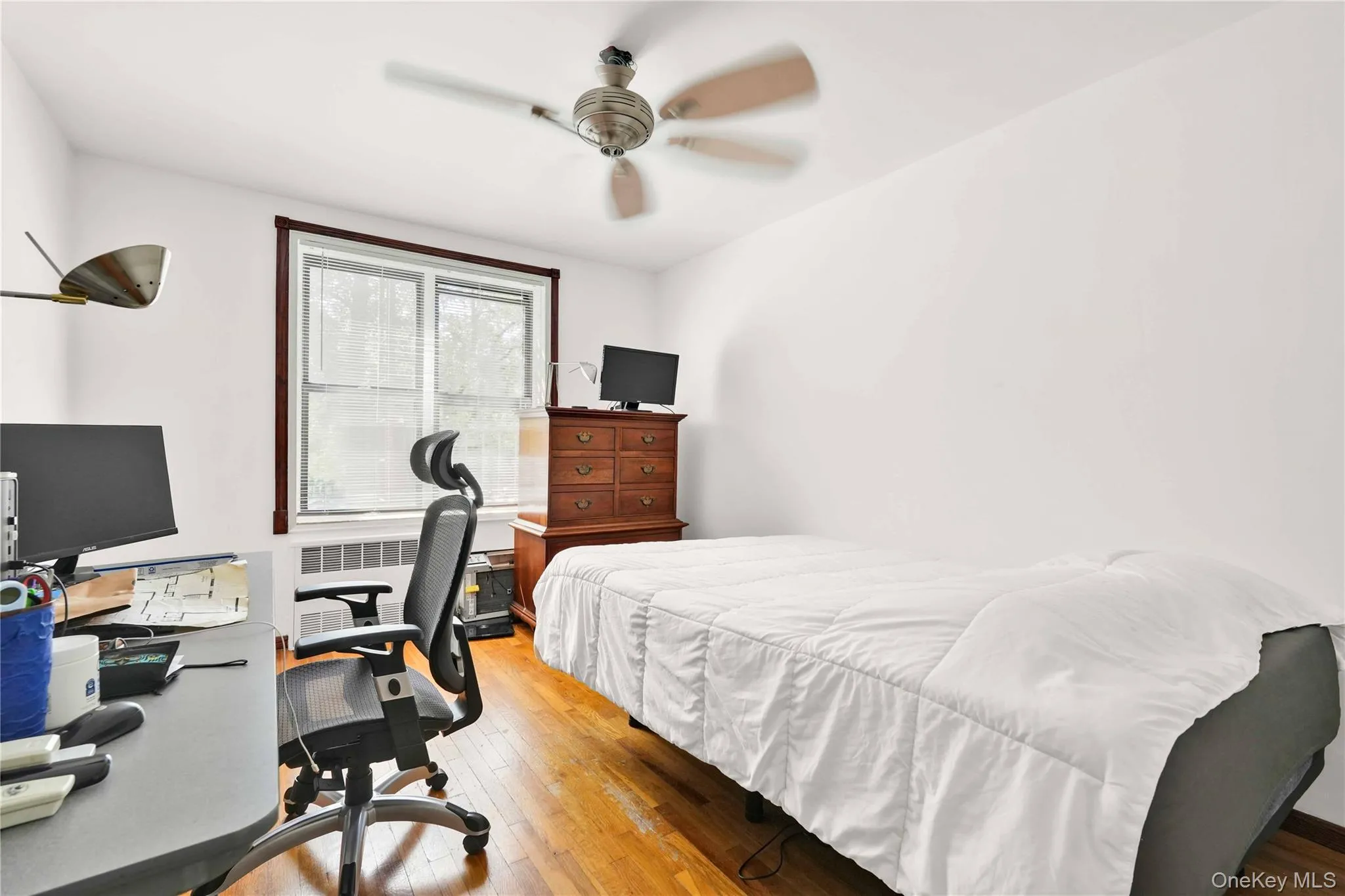 Bedroom with hardwood / wood-style flooring, a desk, a ceiling fan, and radiator heating unit Bedroom with hardwood / wood-style flooring, a desk, a ceiling fan, and radiator heating unit