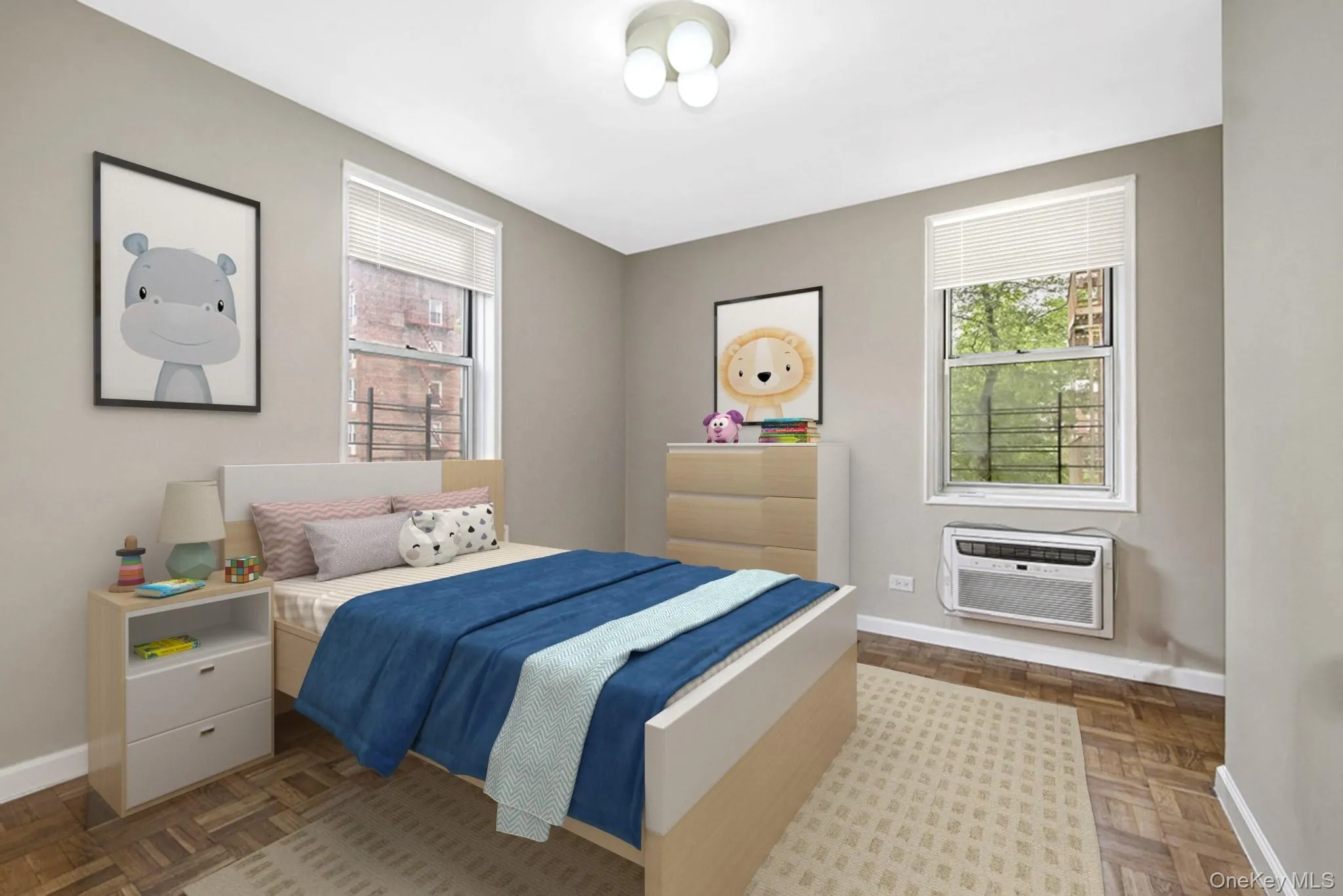 Bedroom with baseboards and an AC wall unit Bedroom with baseboards and an AC wall unit