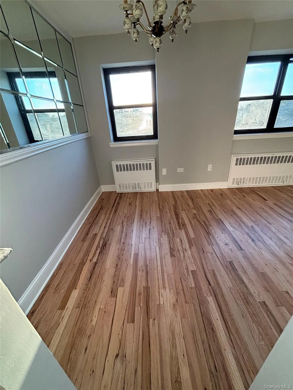 Unfurnished dining area featuring light wood-style flooring, radiator, a chandelier, and plenty of natural light Unfurnished dining area featuring light wood-style flooring, radiator, a chandelier, and plenty of natural light