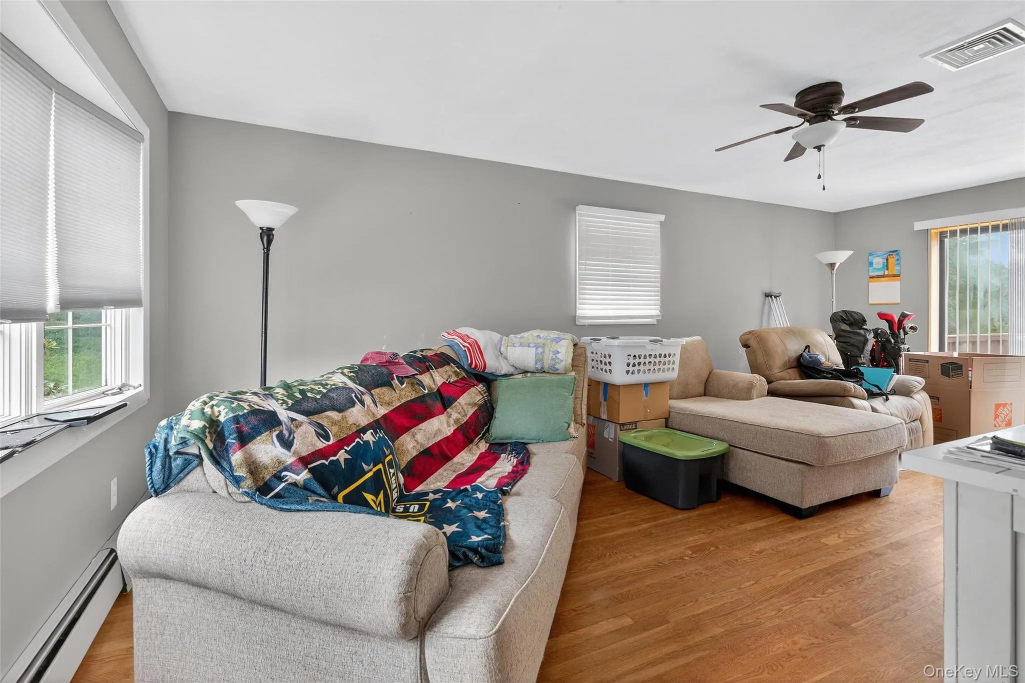 Living room featuring light wood-style floors, baseboard heating, and ceiling fan Living room featuring light wood-style floors, baseboard heating, and ceiling fan