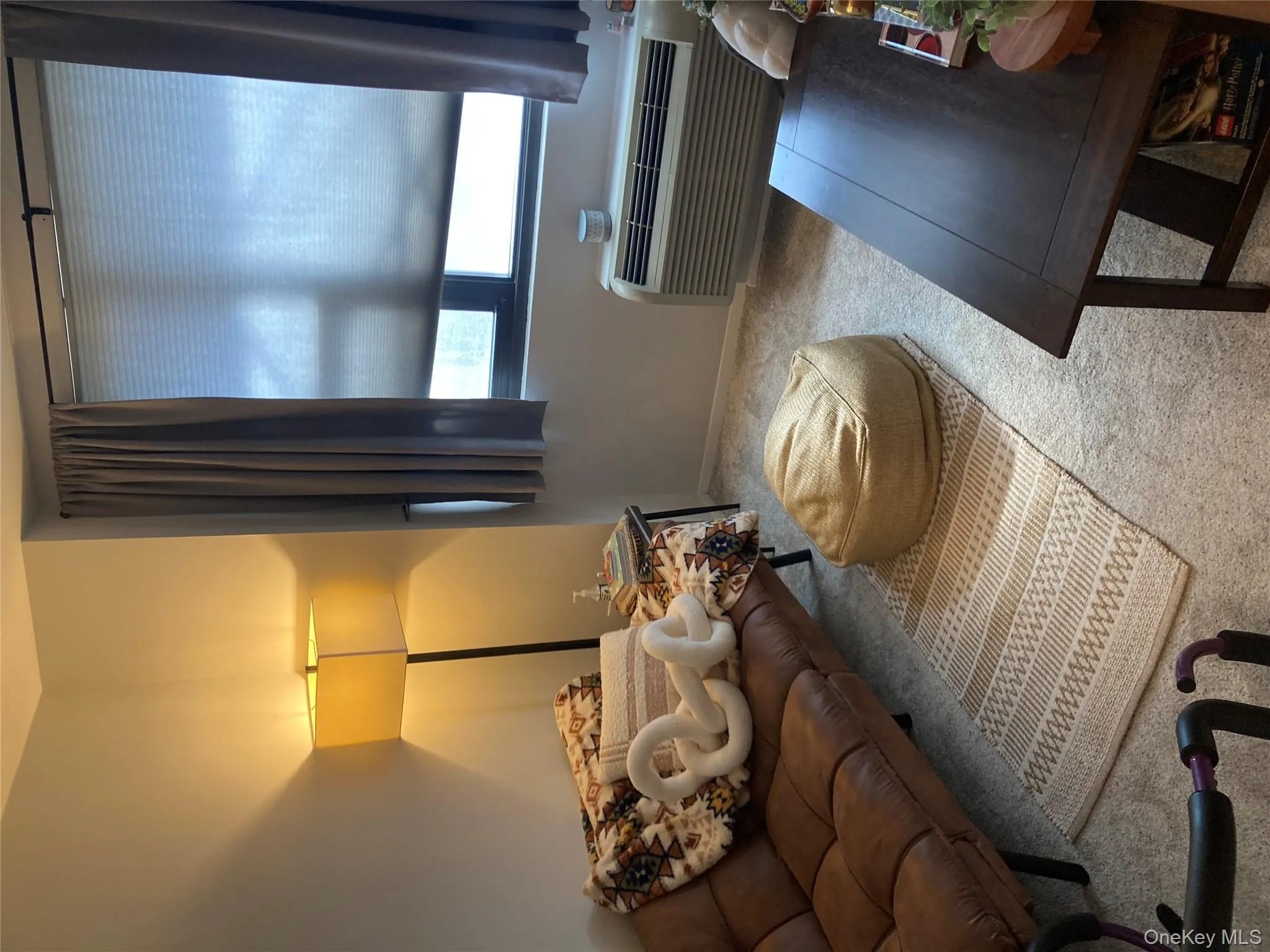 Carpeted living area featuring baseboards and a wall mounted AC Carpeted living area featuring baseboards and a wall mounted AC