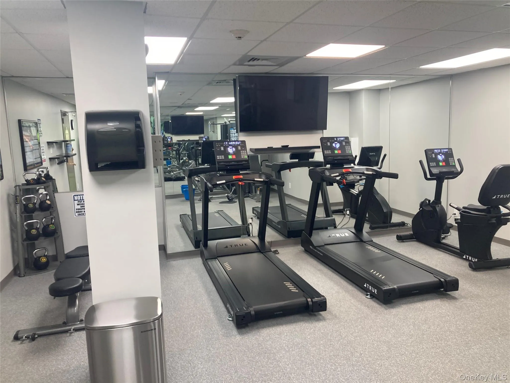 Workout area with a drop ceiling and baseboards Workout area with a drop ceiling and baseboards