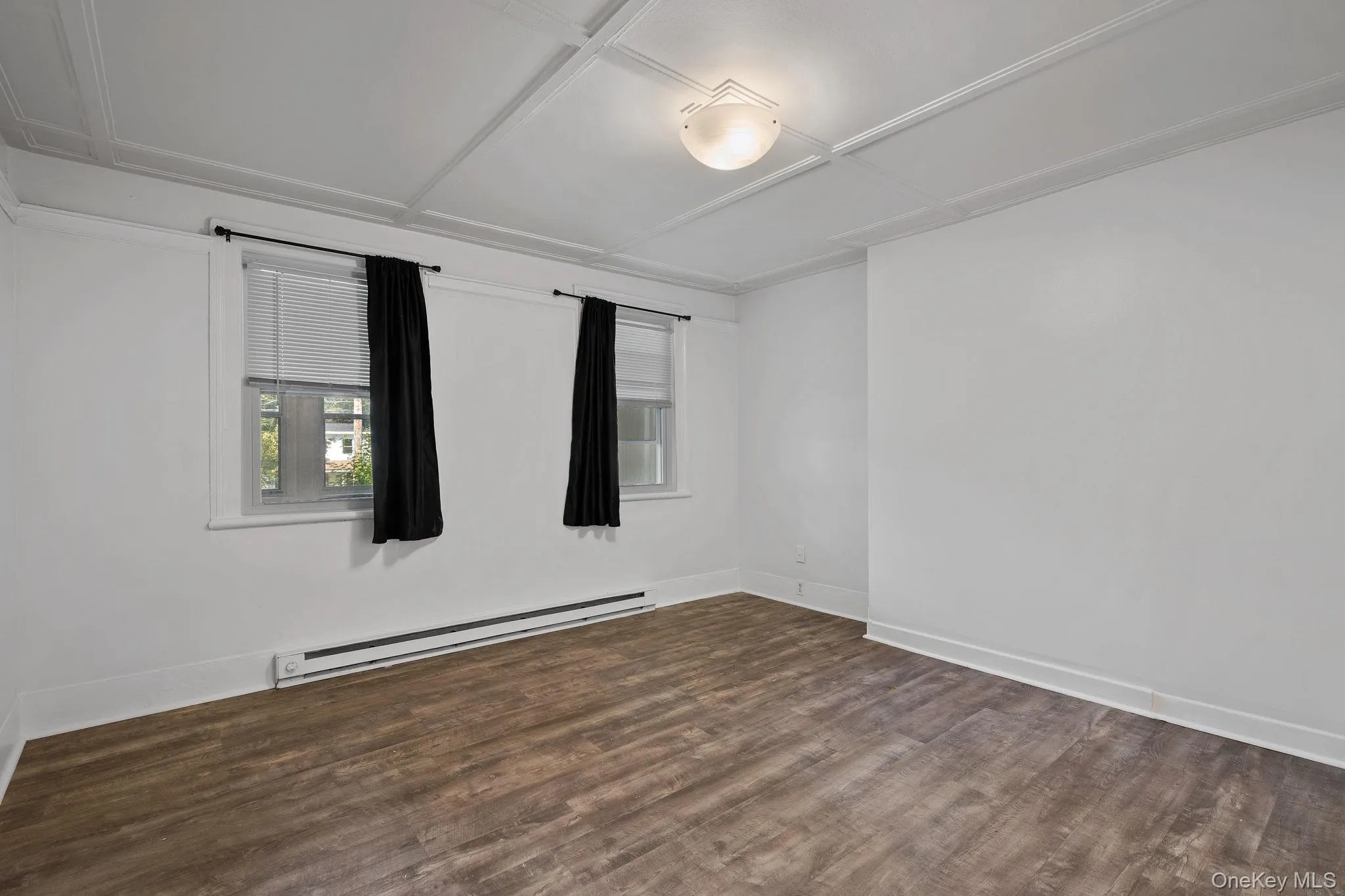Spare room with a baseboard radiator and dark wood-type flooring Spare room with a baseboard radiator and dark wood-type flooring
