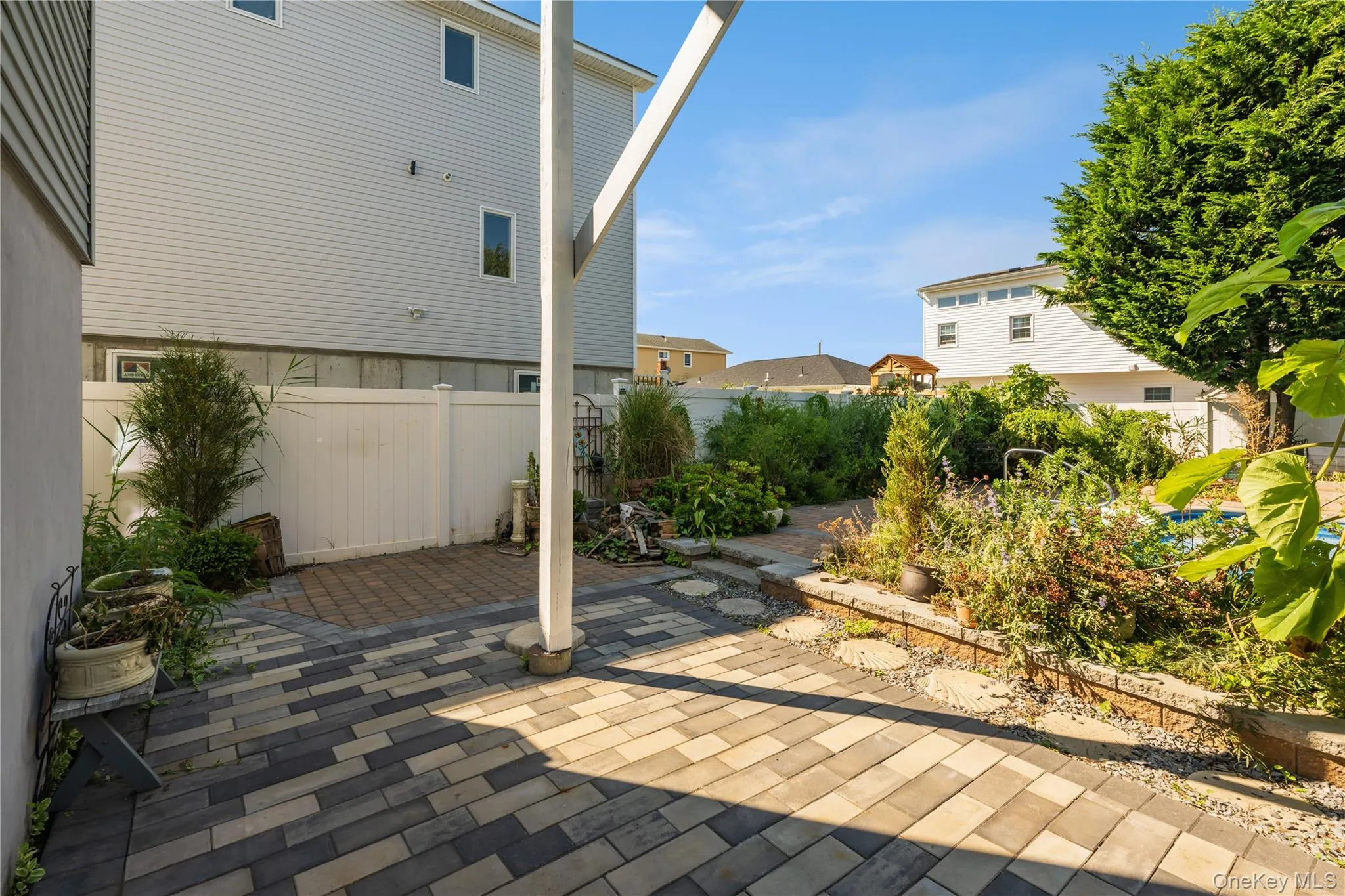 Fenced backyard featuring a patio area Fenced backyard featuring a patio area