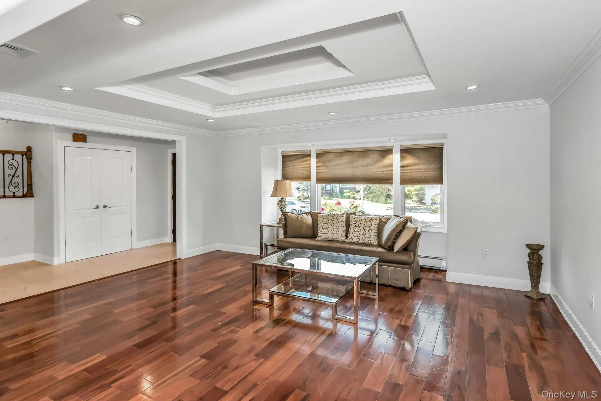 Living area with a tray ceiling, crown molding, dark wood-style floors, recessed lighting, and a baseboard radiator Living area with a tray ceiling, crown molding, dark wood-style floors, recessed lighting, and a baseboard radiator