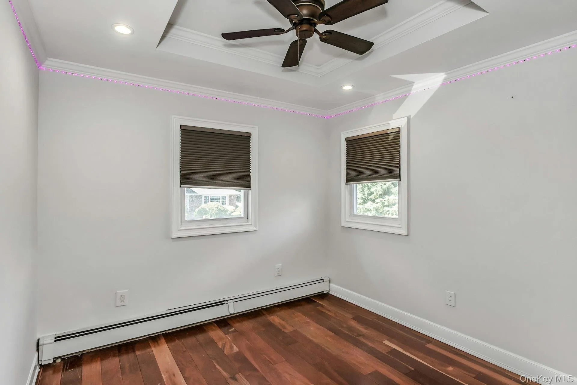 Unfurnished room featuring a baseboard heating unit, a raised ceiling, dark wood-style flooring, ornamental molding, and recessed lighting Unfurnished room featuring a baseboard heating unit, a raised ceiling, dark wood-style flooring, ornamental molding, and recessed lighting