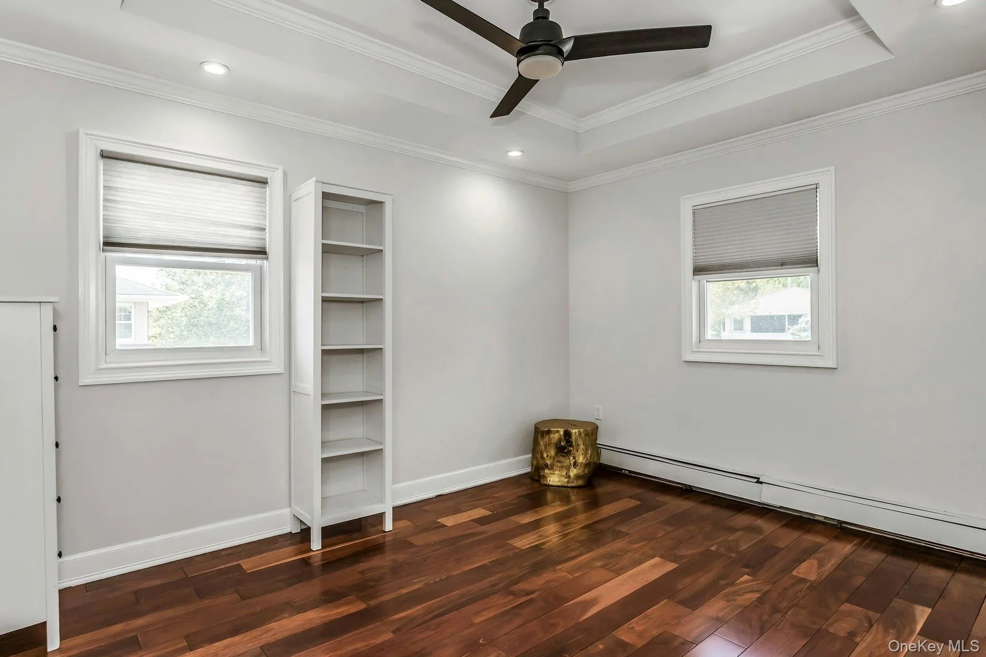 Unfurnished room featuring dark wood-style floors, baseboard heating, a raised ceiling, recessed lighting, and a ceiling fan Unfurnished room featuring dark wood-style floors, baseboard heating, a raised ceiling, recessed lighting, and a ceiling fan