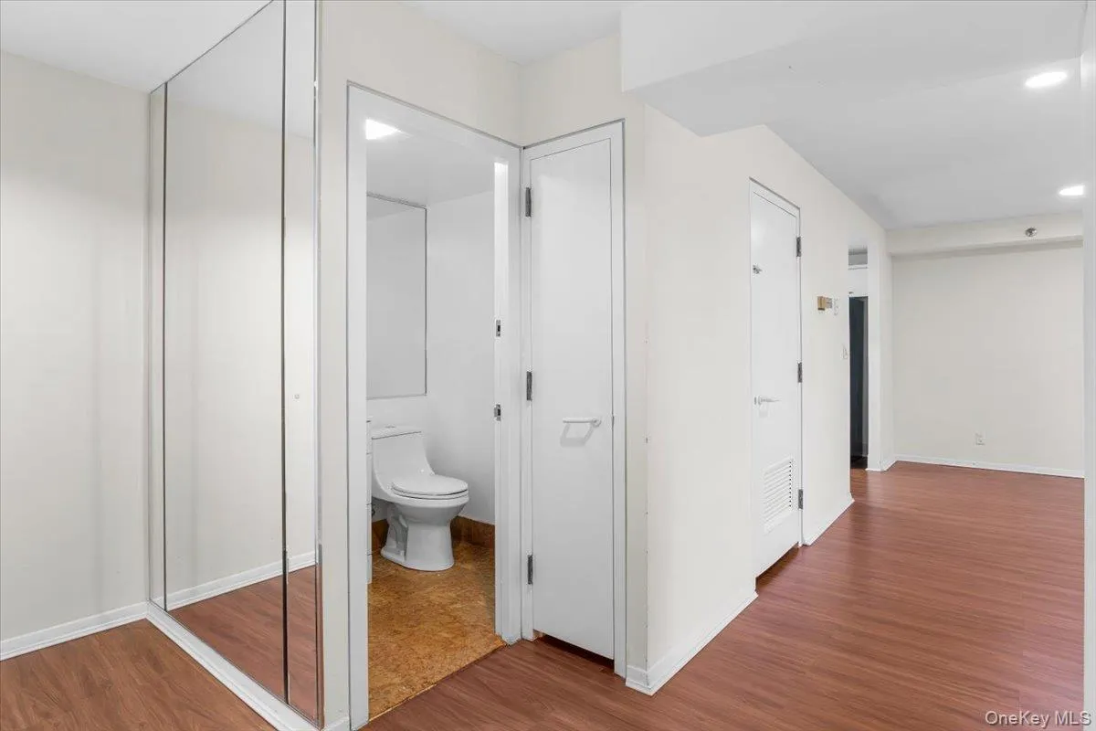 Bathroom featuring wood finished floors and recessed lighting Bathroom featuring wood finished floors and recessed lighting