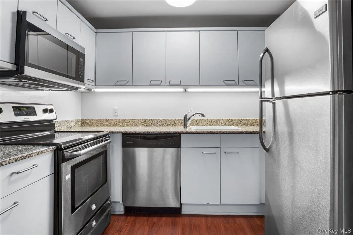 Kitchen with appliances with stainless steel finishes, dark wood-type flooring, light stone counters, and white cabinetry Kitchen with appliances with stainless steel finishes, dark wood-type flooring, light stone counters, and white cabinetry