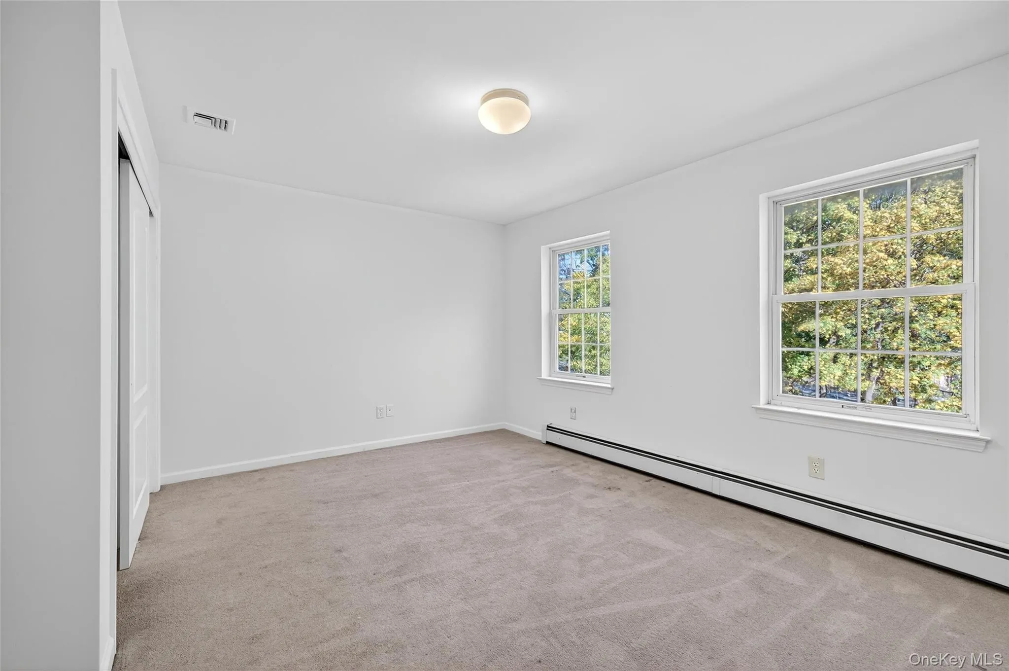 Spare room with a baseboard radiator and light carpet Spare room with a baseboard radiator and light carpet